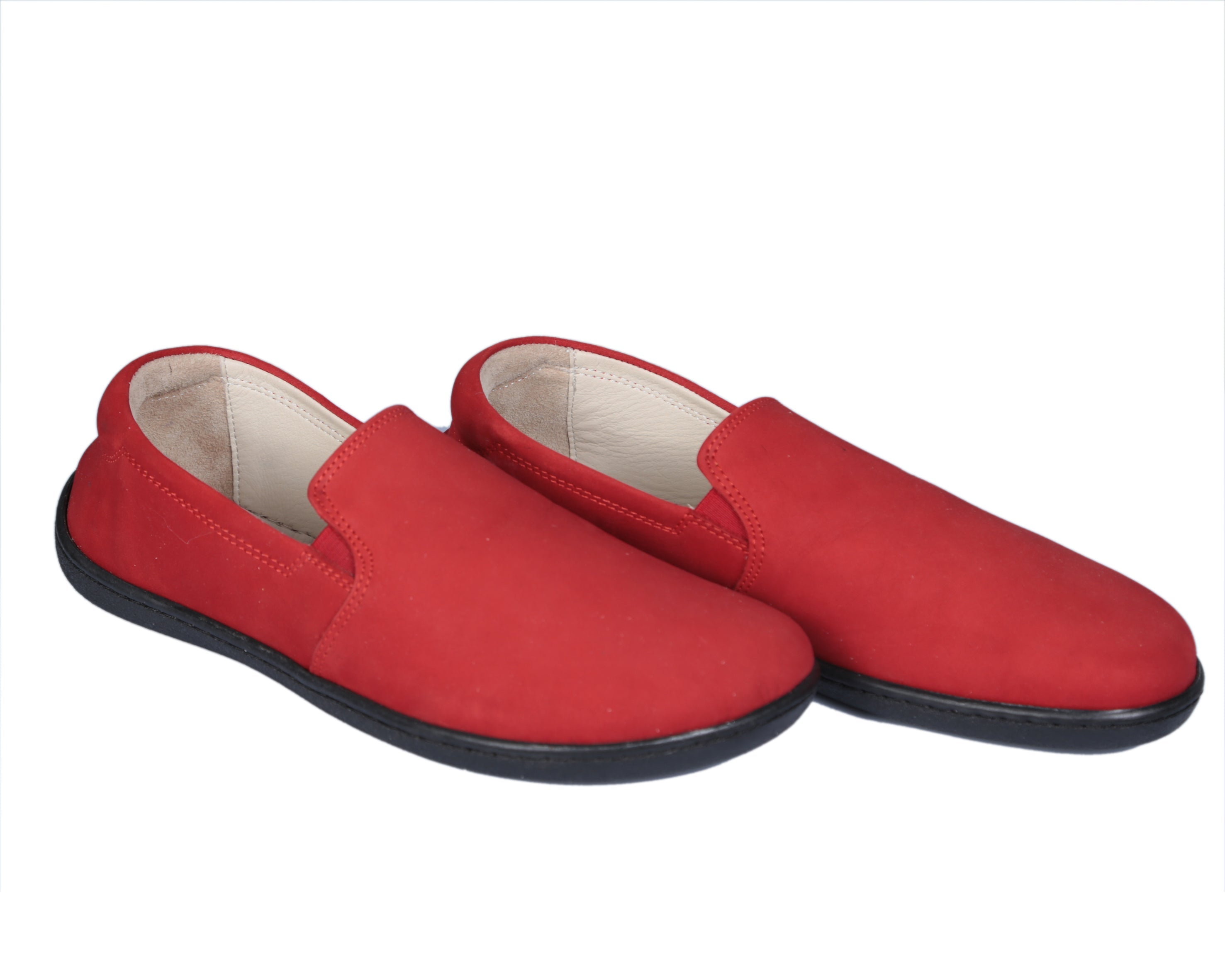 Red Slip-On Wide Barefoot Shoes Nubuck Leather Handmade 6mm Rubber Outsole 