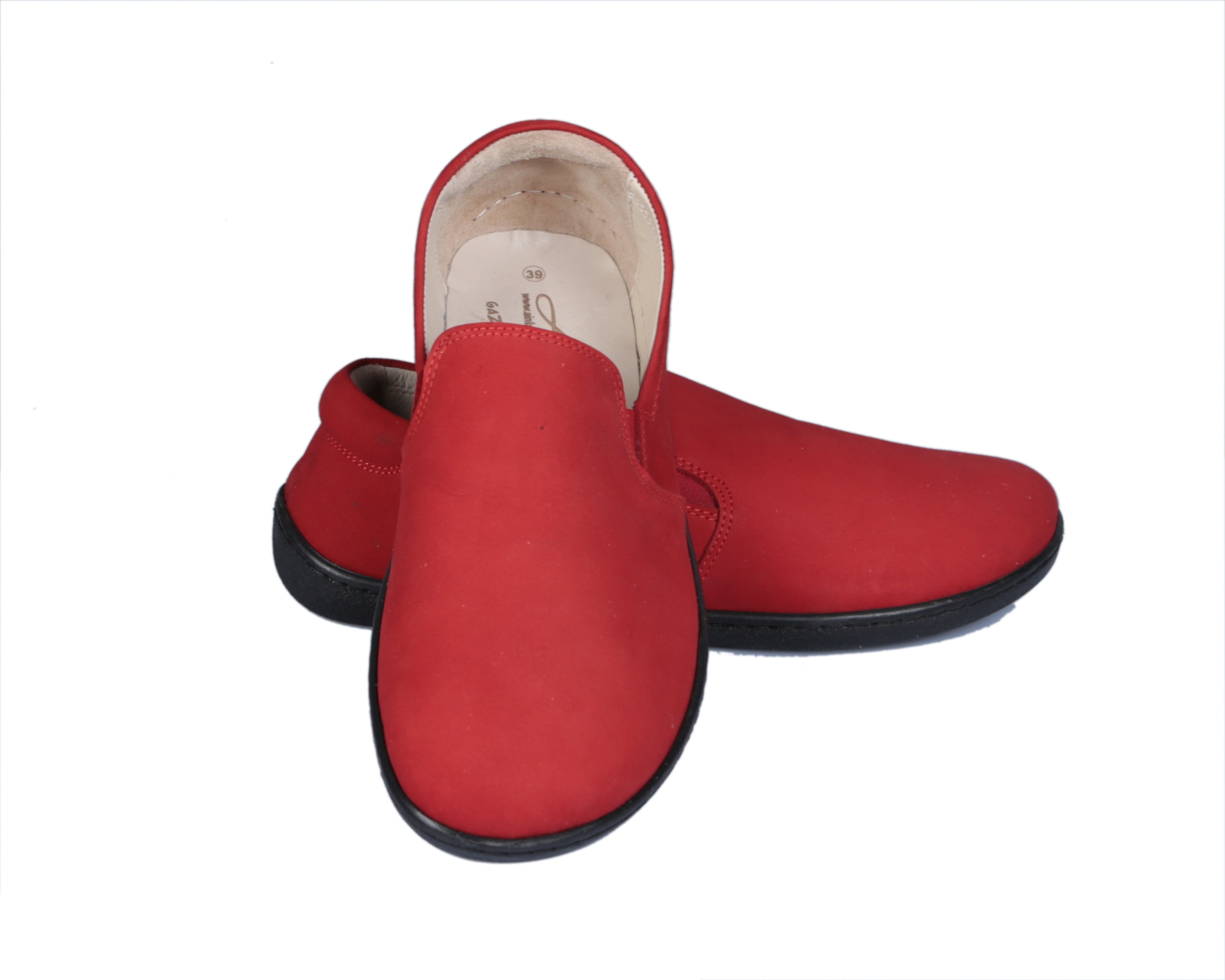 Red Slip-On Wide Barefoot Shoes Nubuck Leather Handmade 6mm Rubber Outsole 