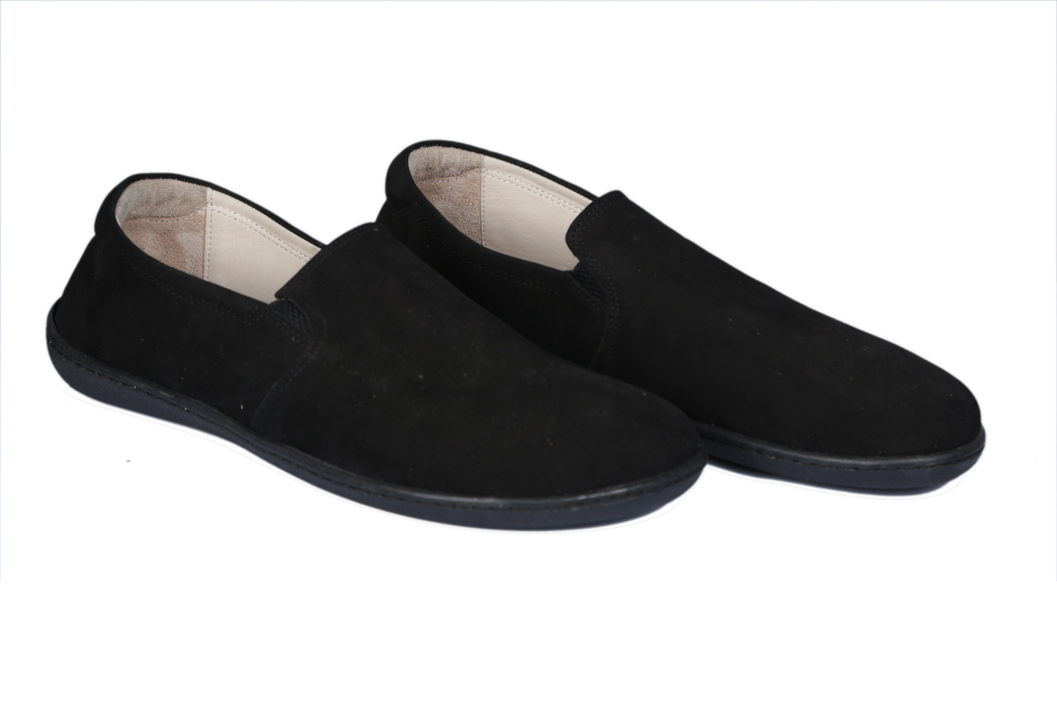 Black Slip-On Wide Barefoot Shoes Nubuck Leather Handmade 6mm Rubber Outsole