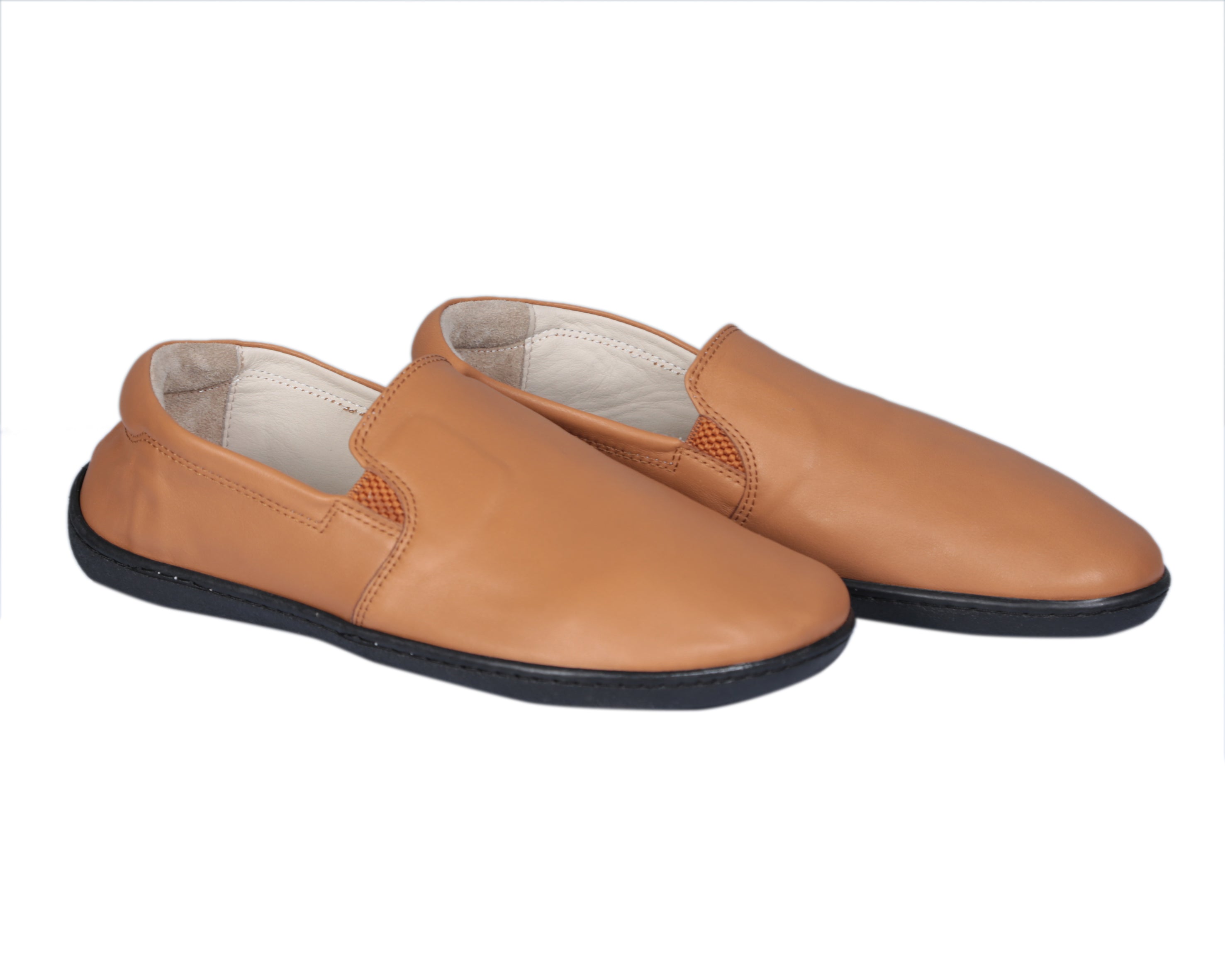 Tan Slip-On Wide Barefoot Shoes Smooth Leather Handmade 6mm Rubber Outsole