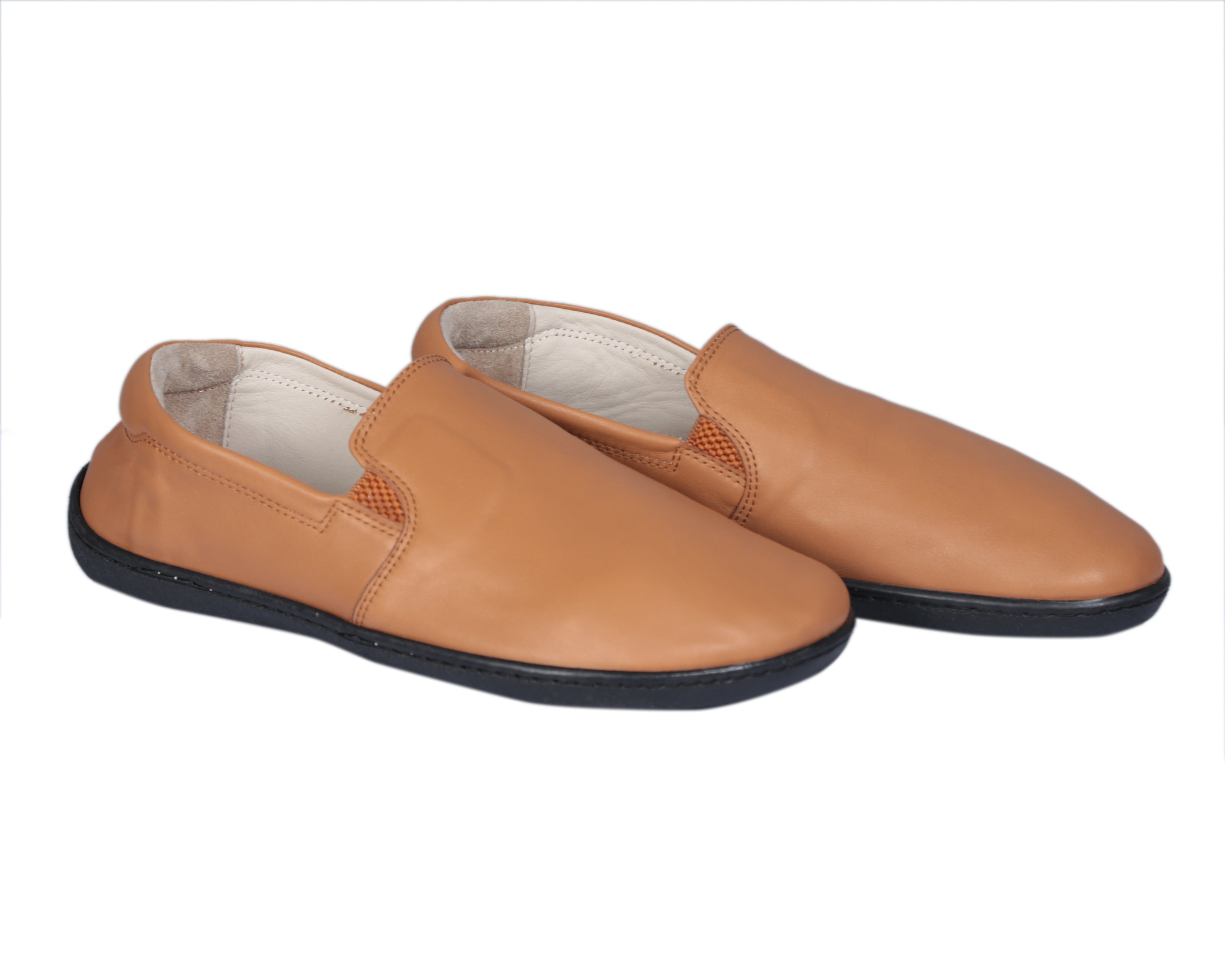 Tan Slip-On Wide Barefoot Shoes Smooth Leather Handmade 6mm Rubber Outsole 