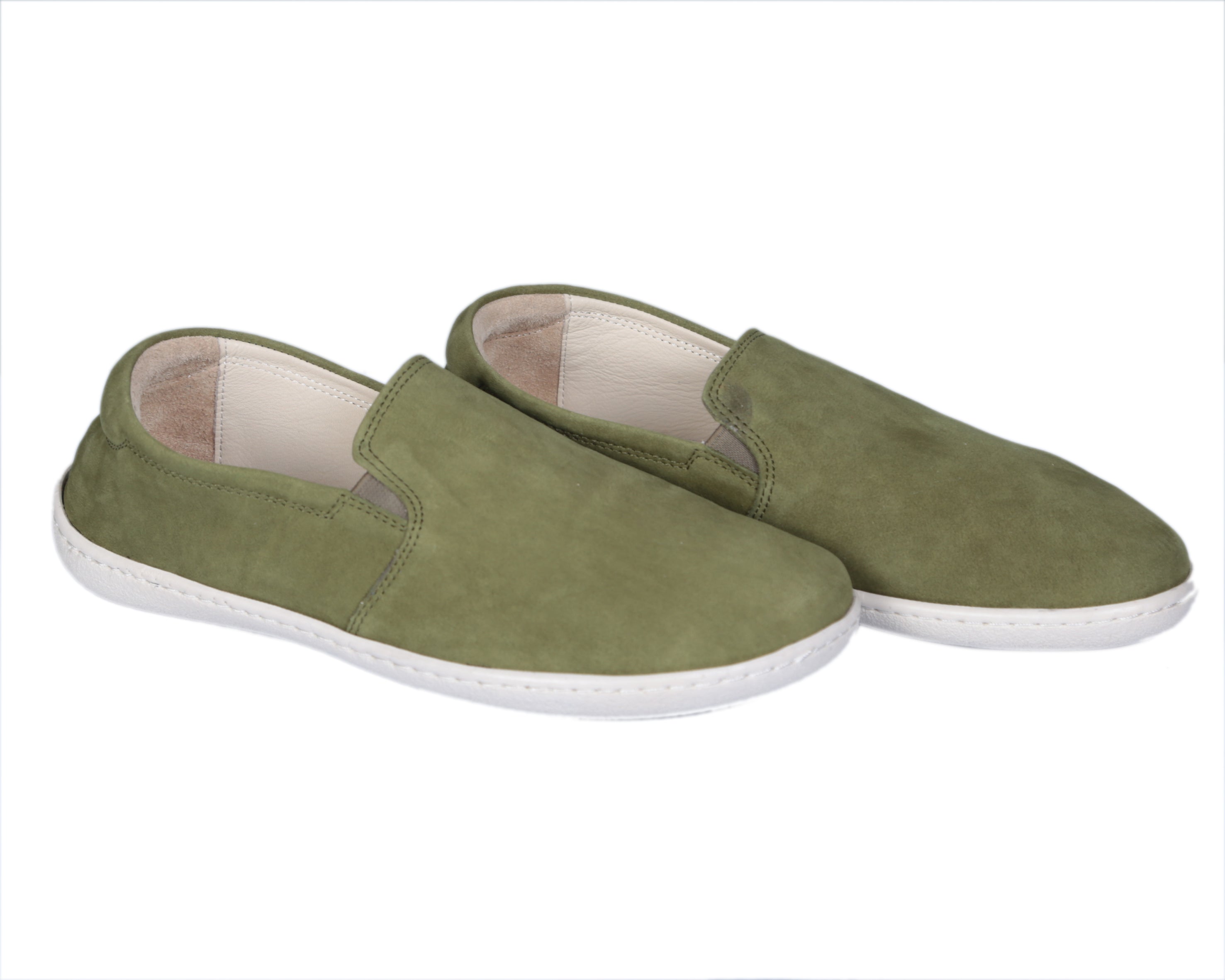 Green Slip-On Wide Barefoot Shoes Nubuck Leather Handmade 6mm Rubber Outsole