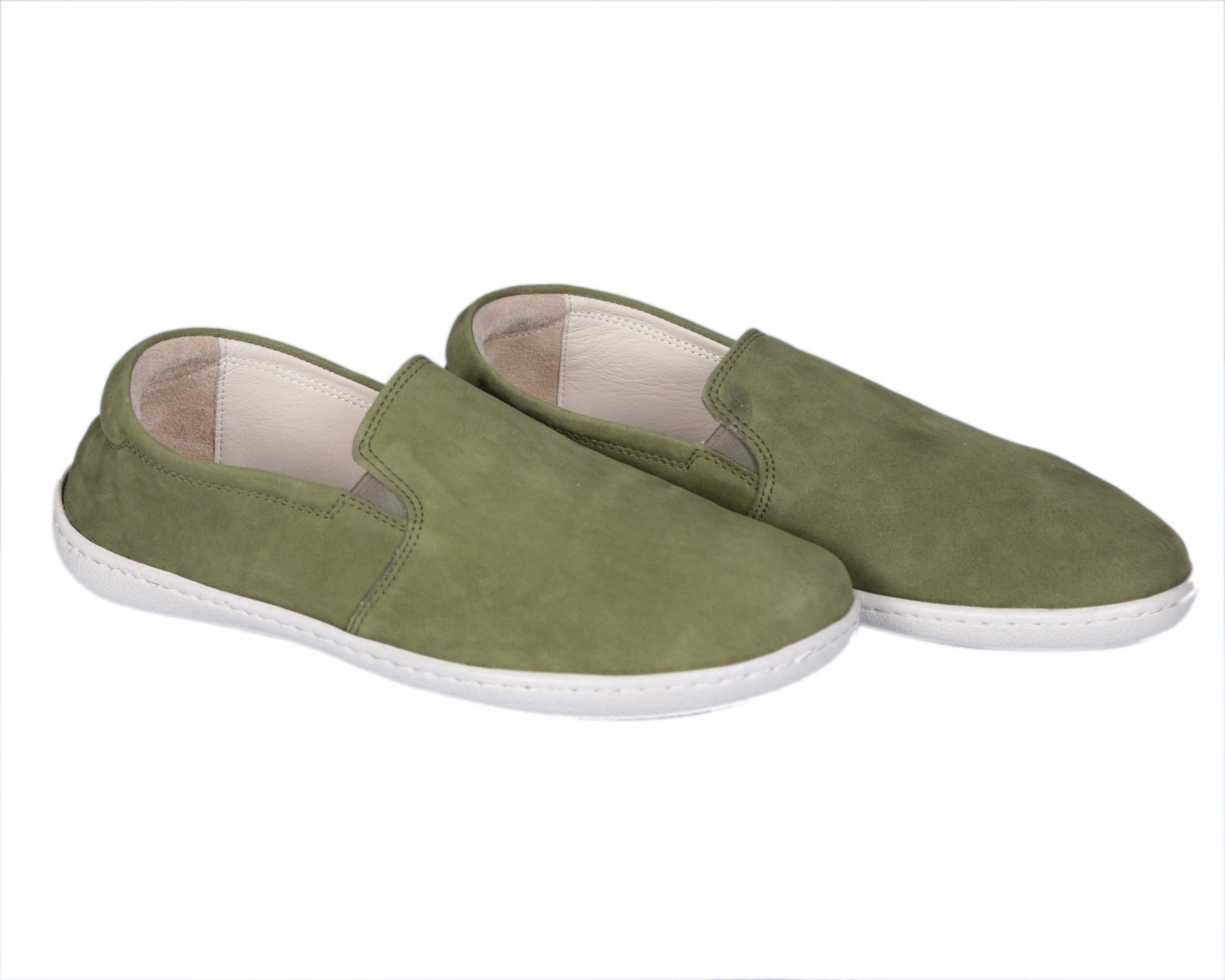 Green Slip-On Wide Barefoot Shoes Nubuck Leather Handmade 6mm Rubber Outsole 