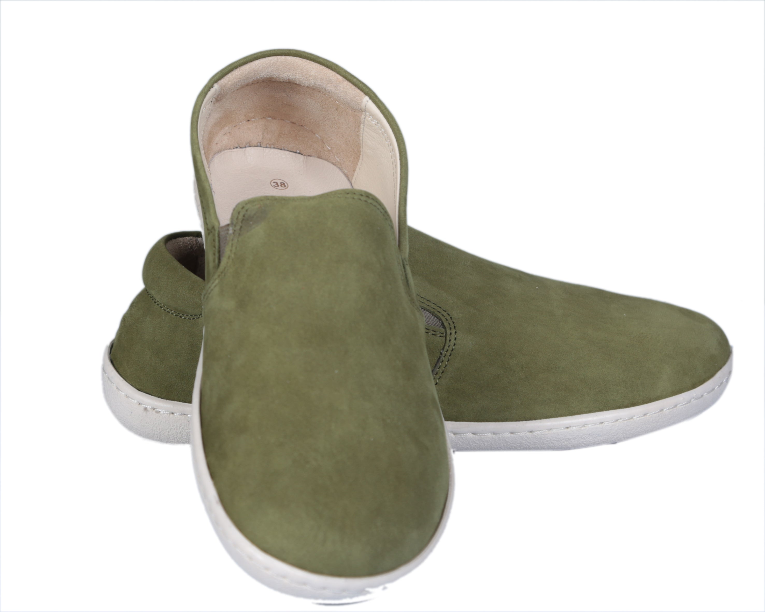 Green Slip-On Wide Barefoot Shoes Nubuck Leather Handmade 6mm Rubber Outsole 