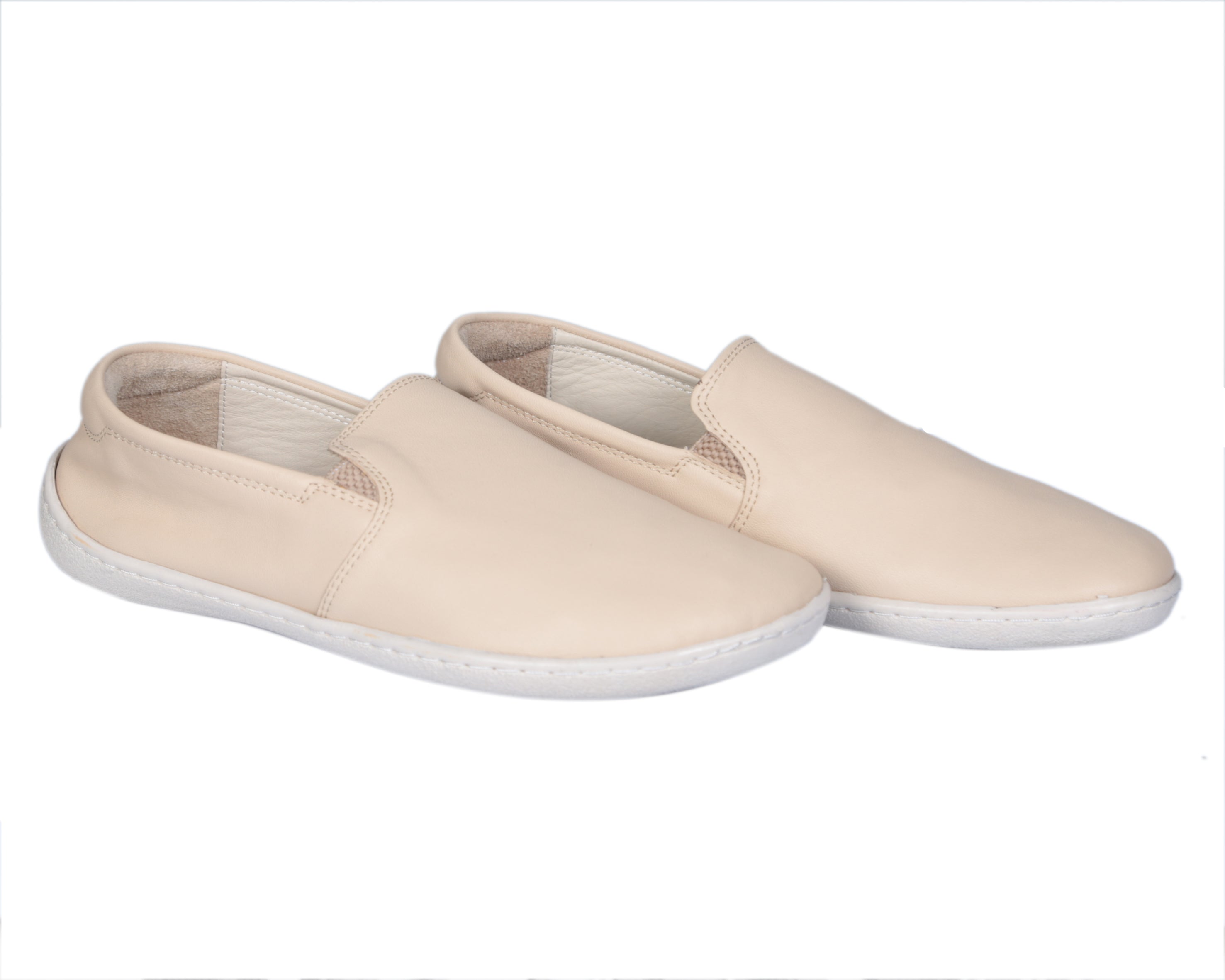 Cream Slip-On Wide Barefoot Shoes Smooth Leather Handmade 6mm Rubber Outsole 