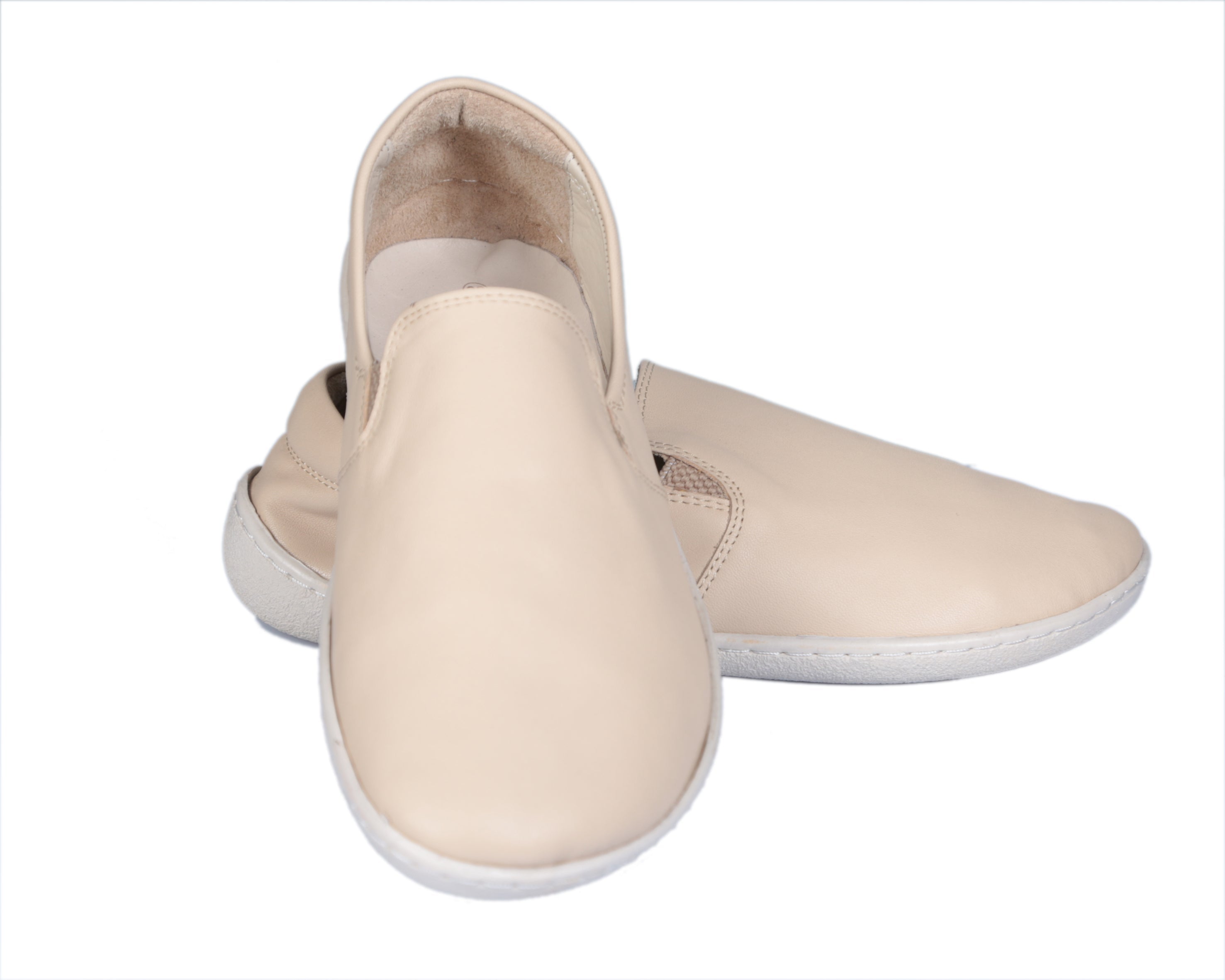 Cream Slip-On Wide Barefoot Shoes Smooth Leather Handmade 6mm Rubber Outsole 