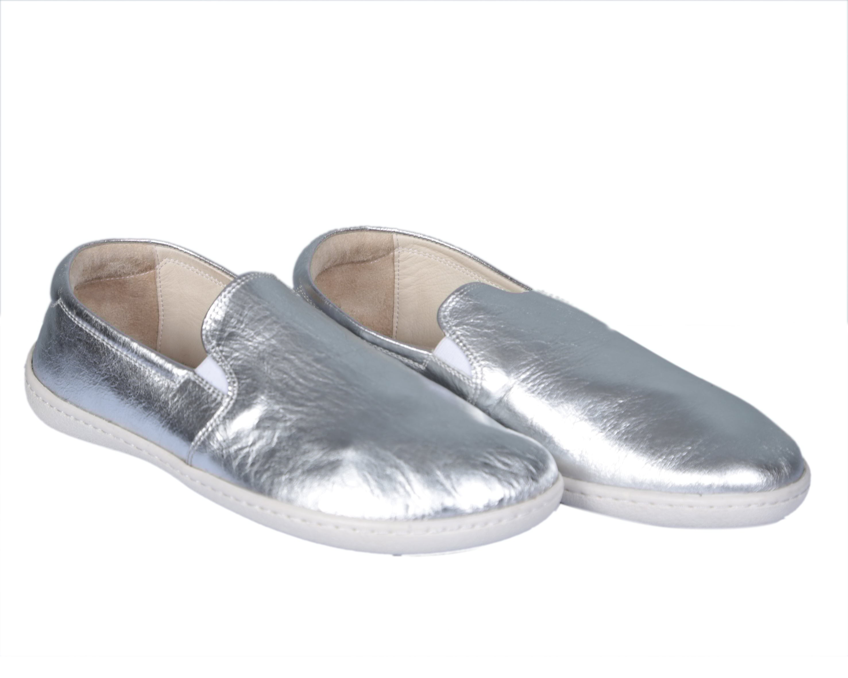 Sılver Slip-On Wide Barefoot Shoes Smooth Leather Handmade 6mm Rubber Outsole 