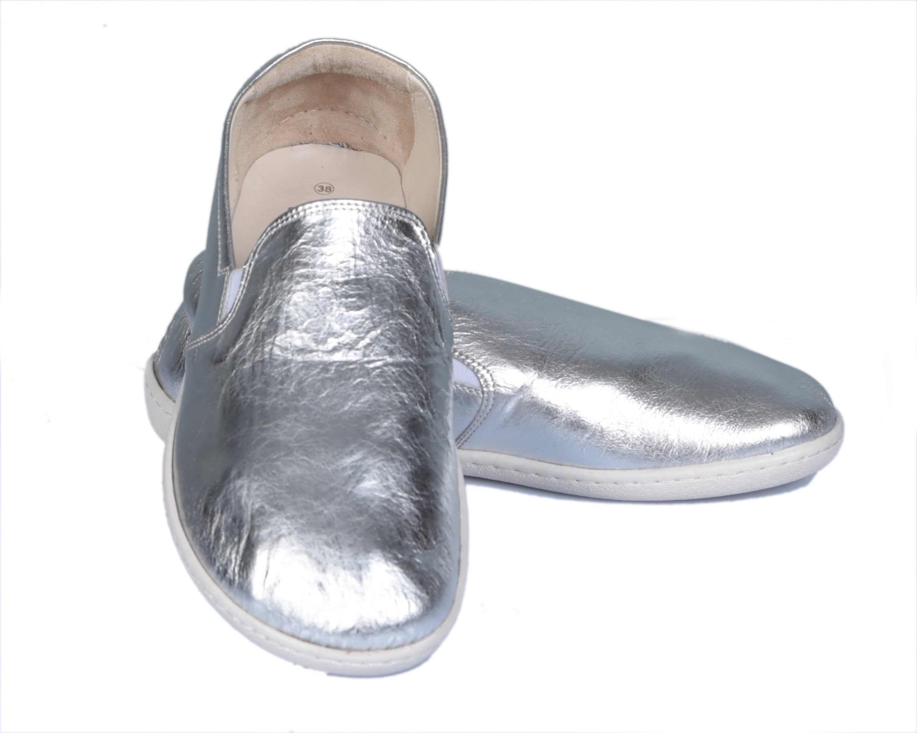 Sılver Slip-On Wide Barefoot Shoes Smooth Leather Handmade 6mm Rubber Outsole 