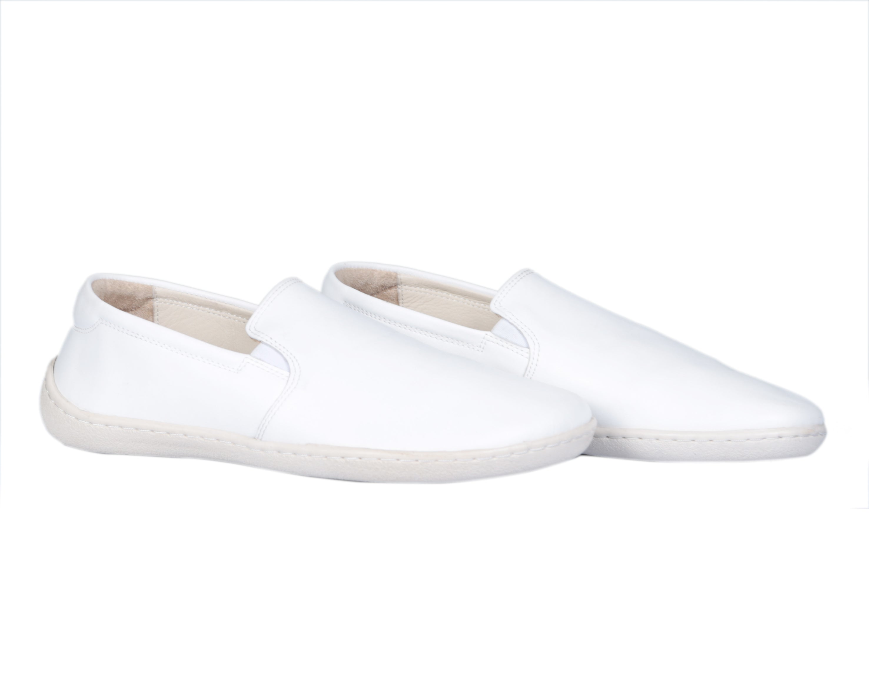 White Slip-On Wide Barefoot Shoes Smooth Leather Handmade 6mm Rubber Outsole