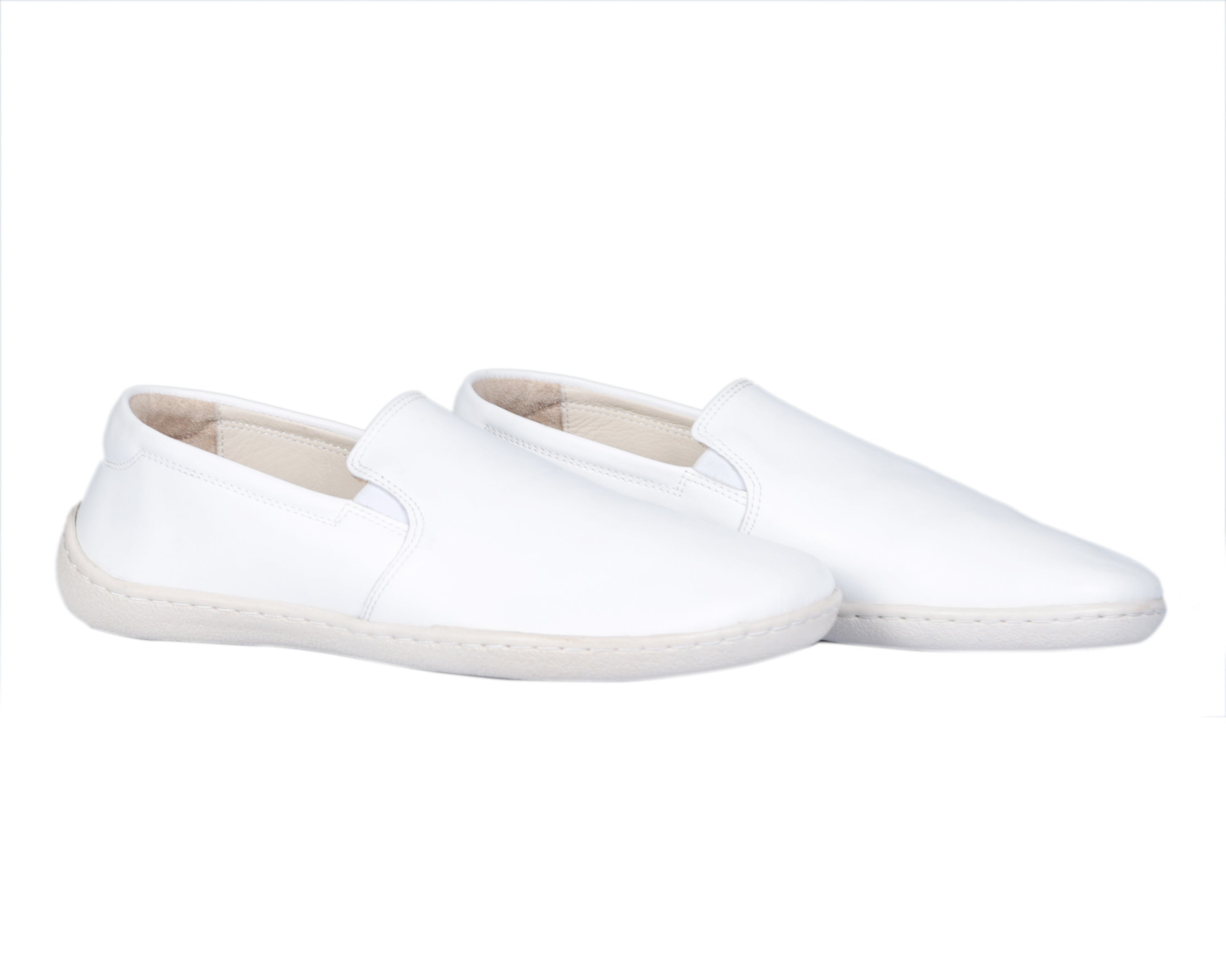 White Slip-On Wide Barefoot Shoes Smooth Leather Handmade 6mm Rubber Outsole 