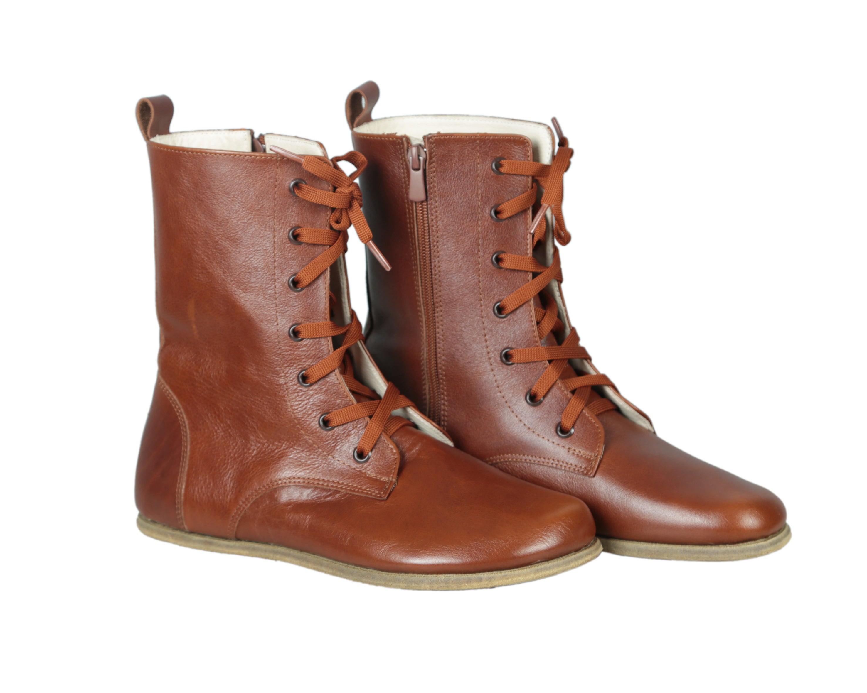 Brown Long Boots Wide Barefoot Smooth Leather Handmade Shoes 