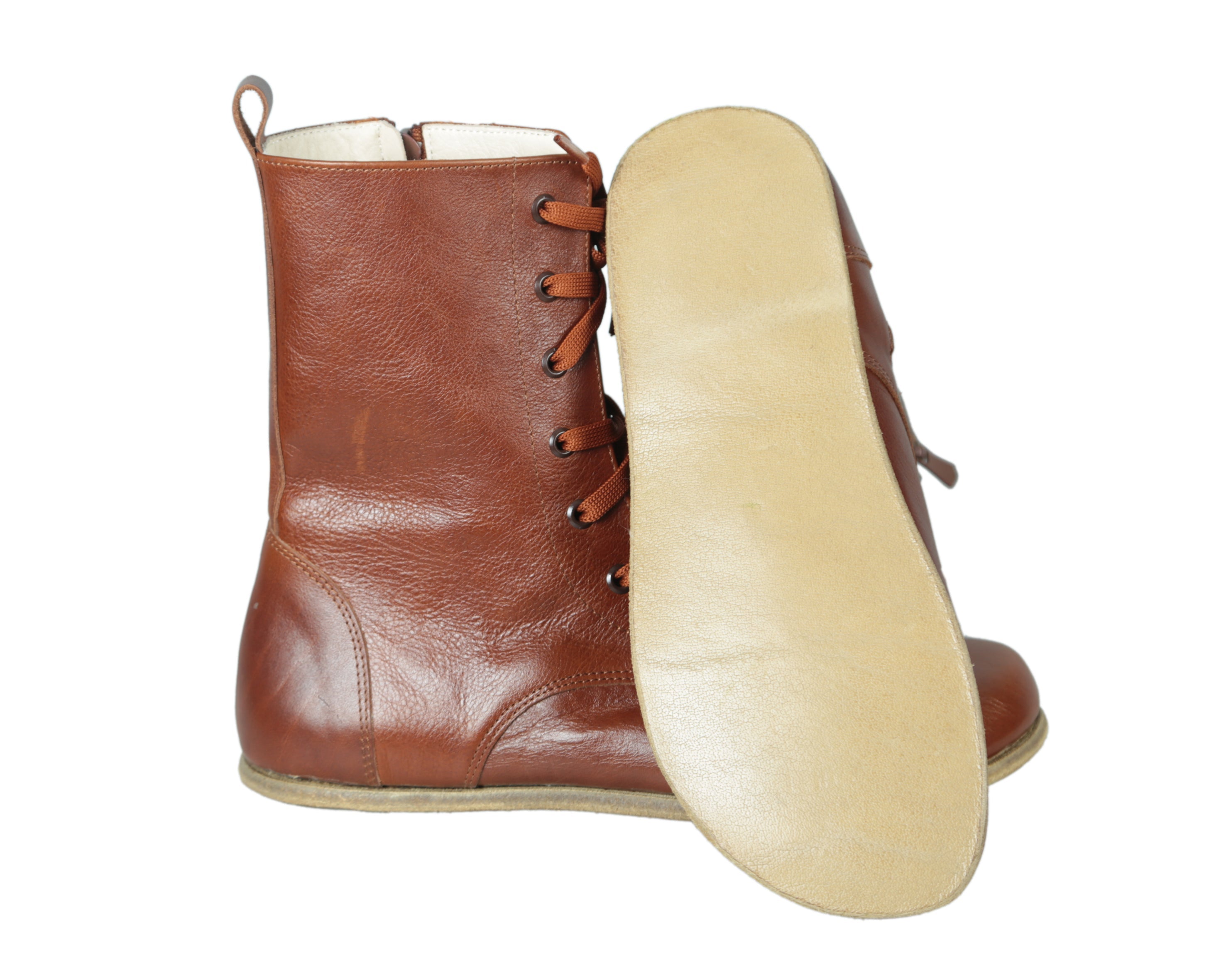 Brown Long Boots Wide Barefoot Smooth Leather Handmade Shoes 