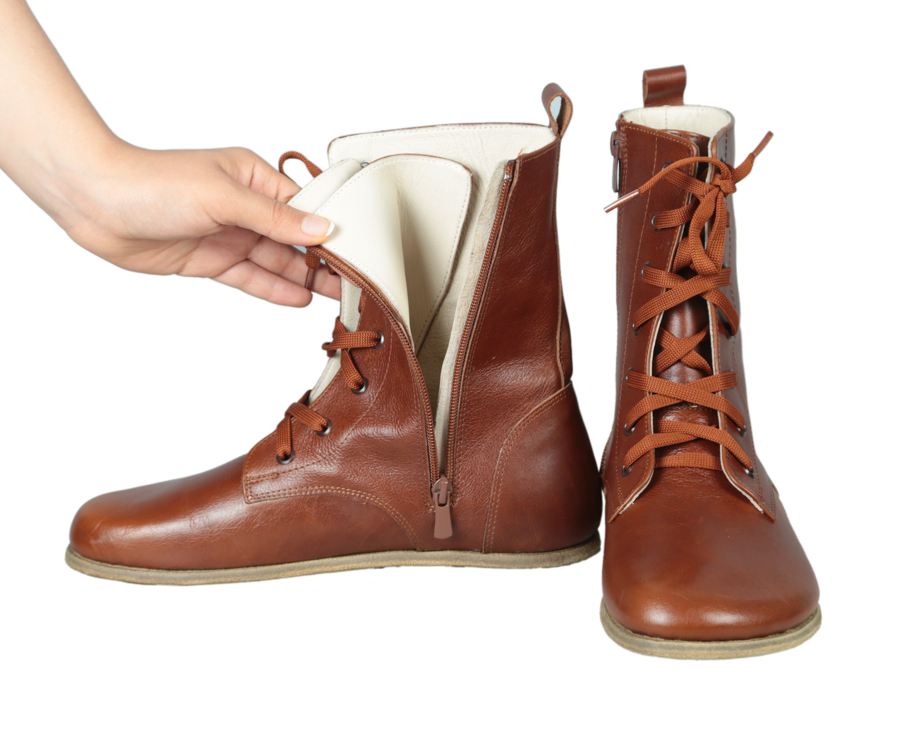 Brown Long Boots Wide Barefoot Smooth Leather Handmade Shoes 