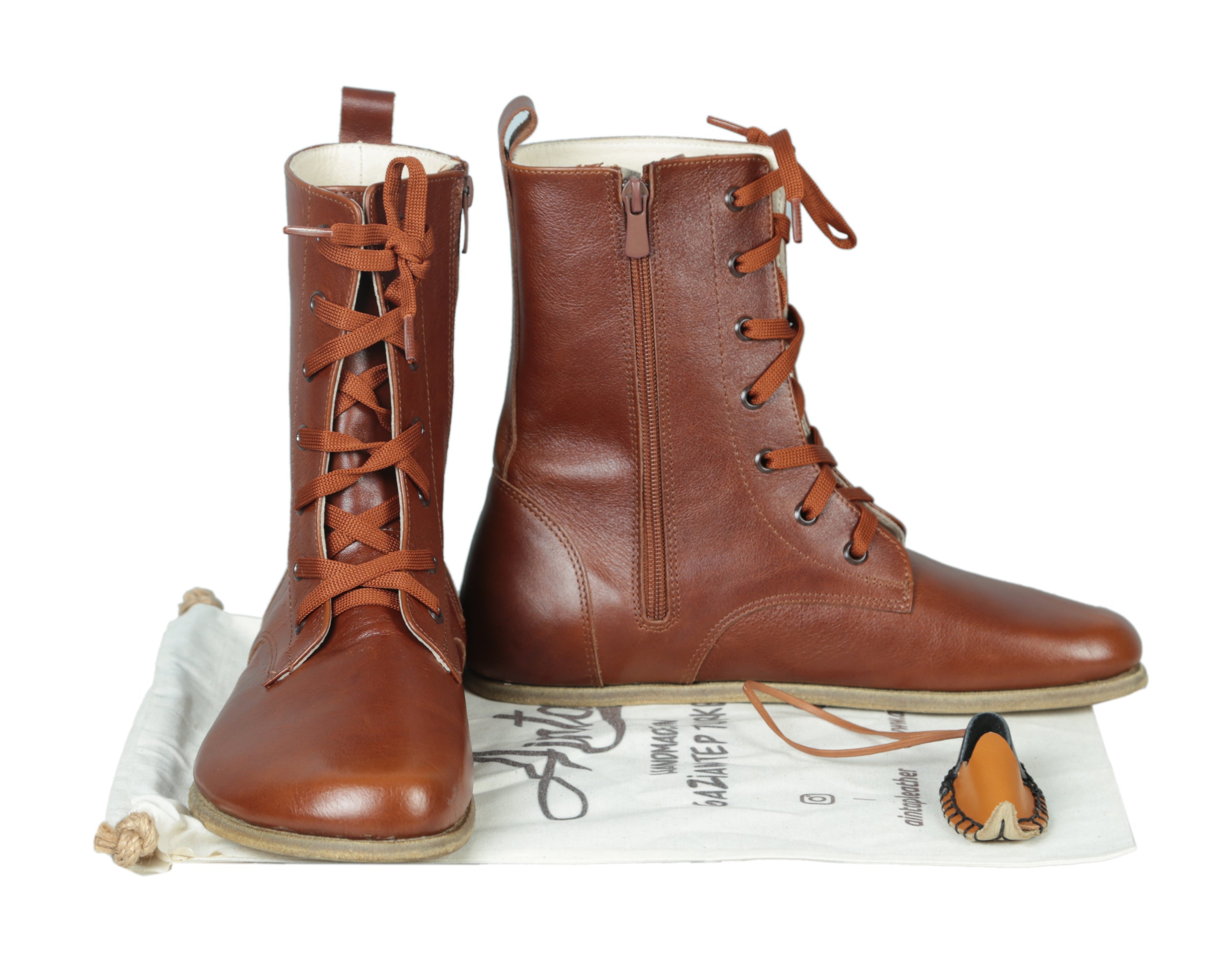 Brown Long Boots Wide Barefoot Smooth Leather Handmade Shoes 