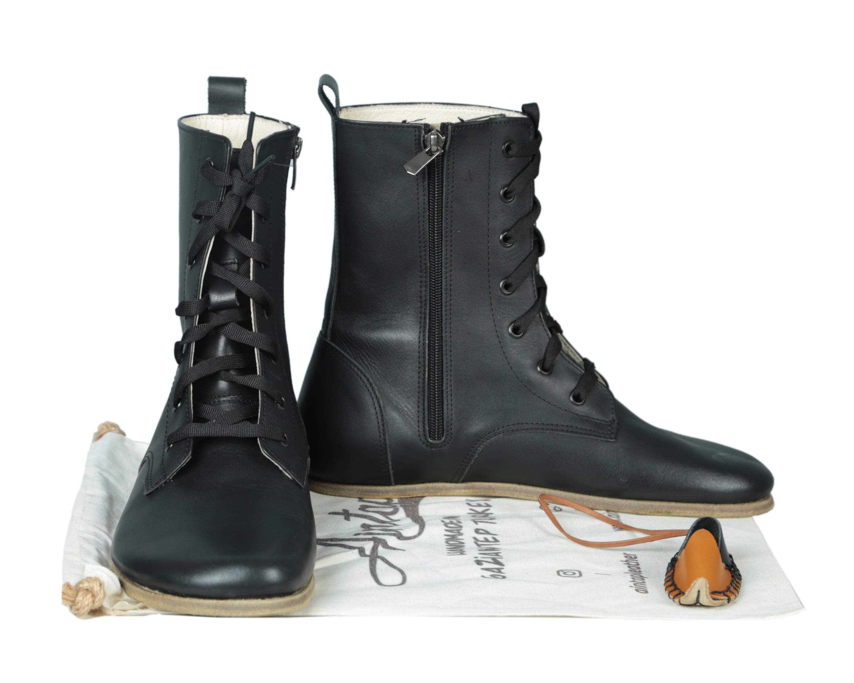 Black Long Boots Wide Barefoot Smooth Leather Handmade Shoes Long Boots Leather Outsole