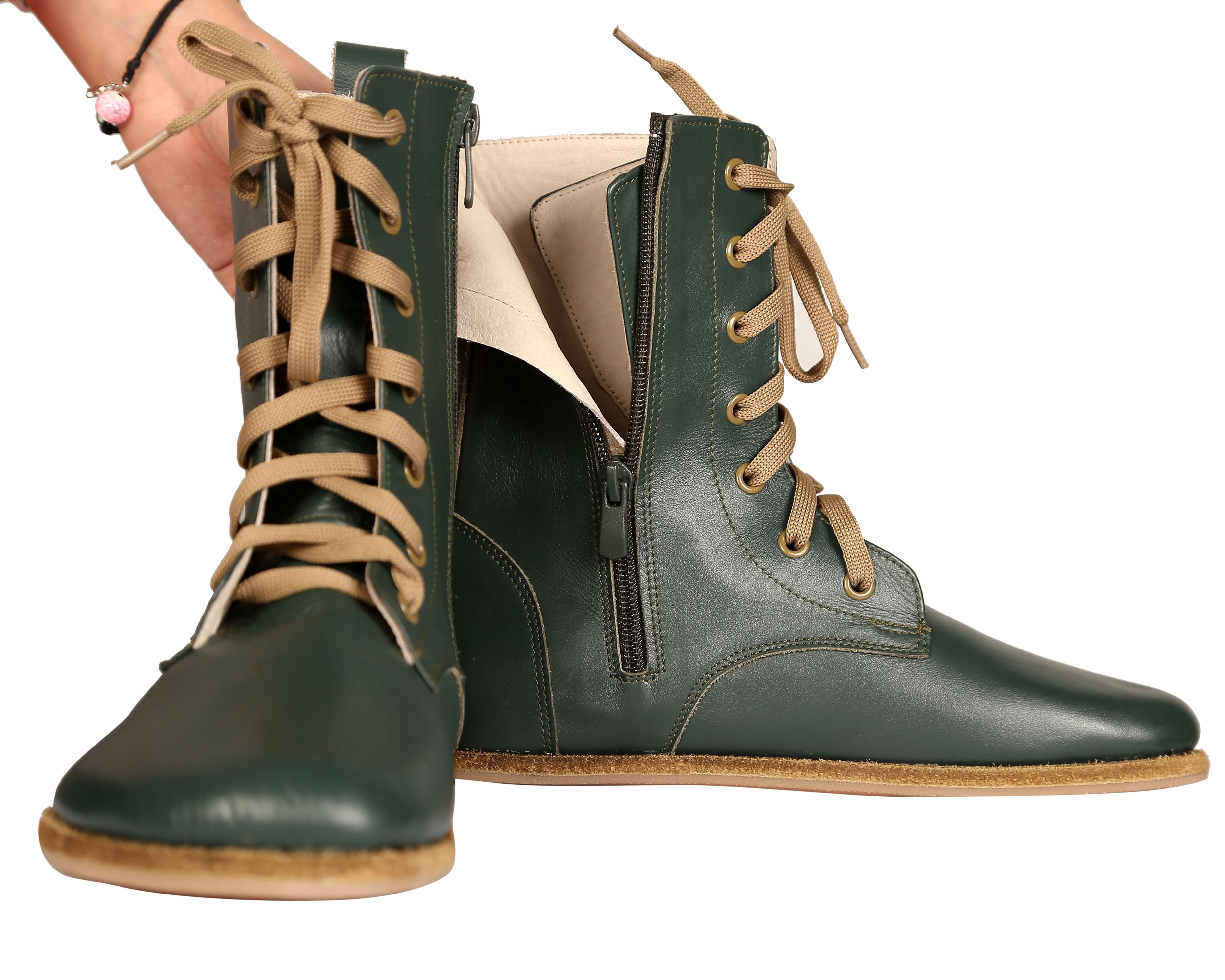 Green Long Boots Wide Barefoot Smooth Leather Handmade Shoes 