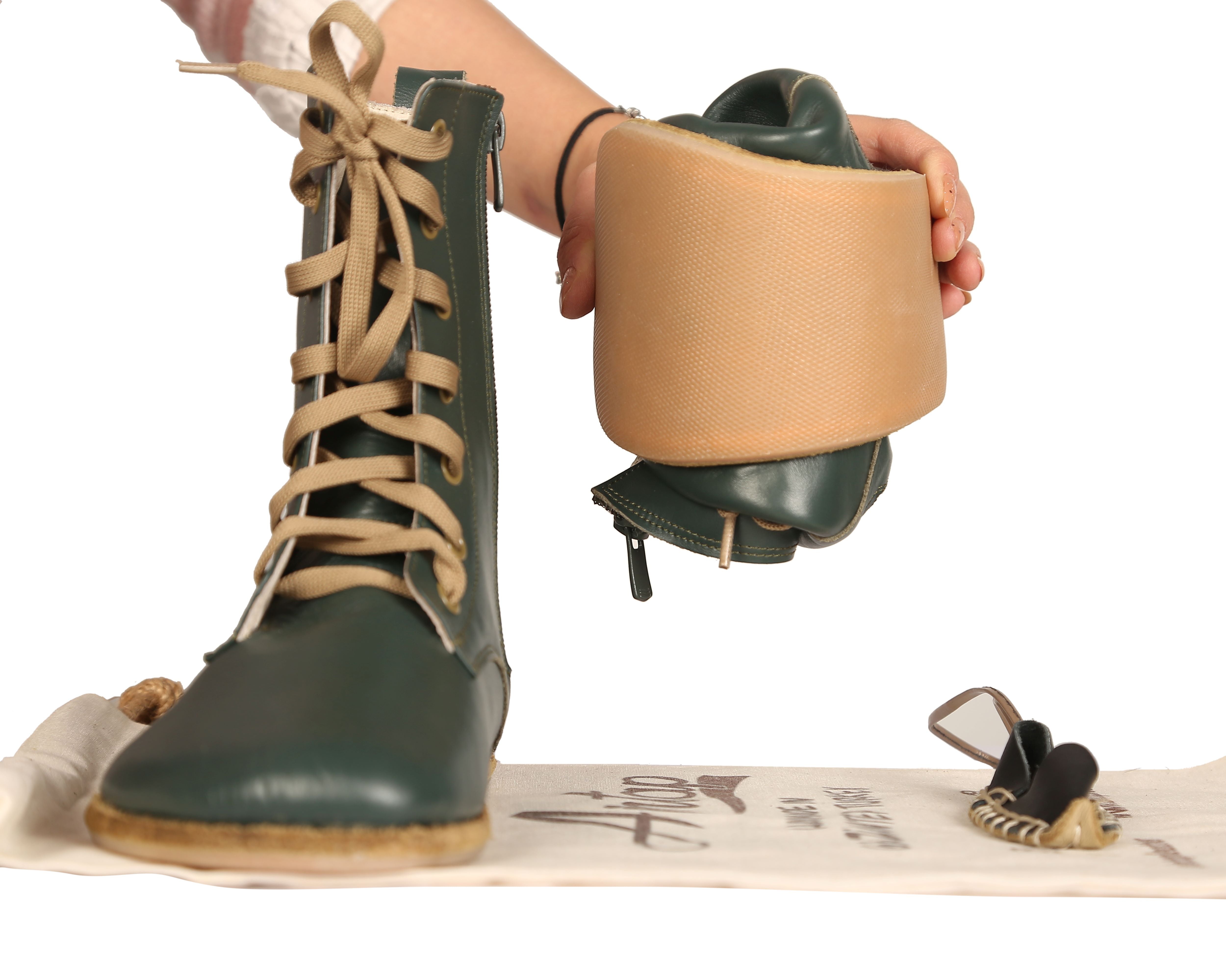 Green Long Boots Wide Barefoot Smooth Leather Handmade Shoes 