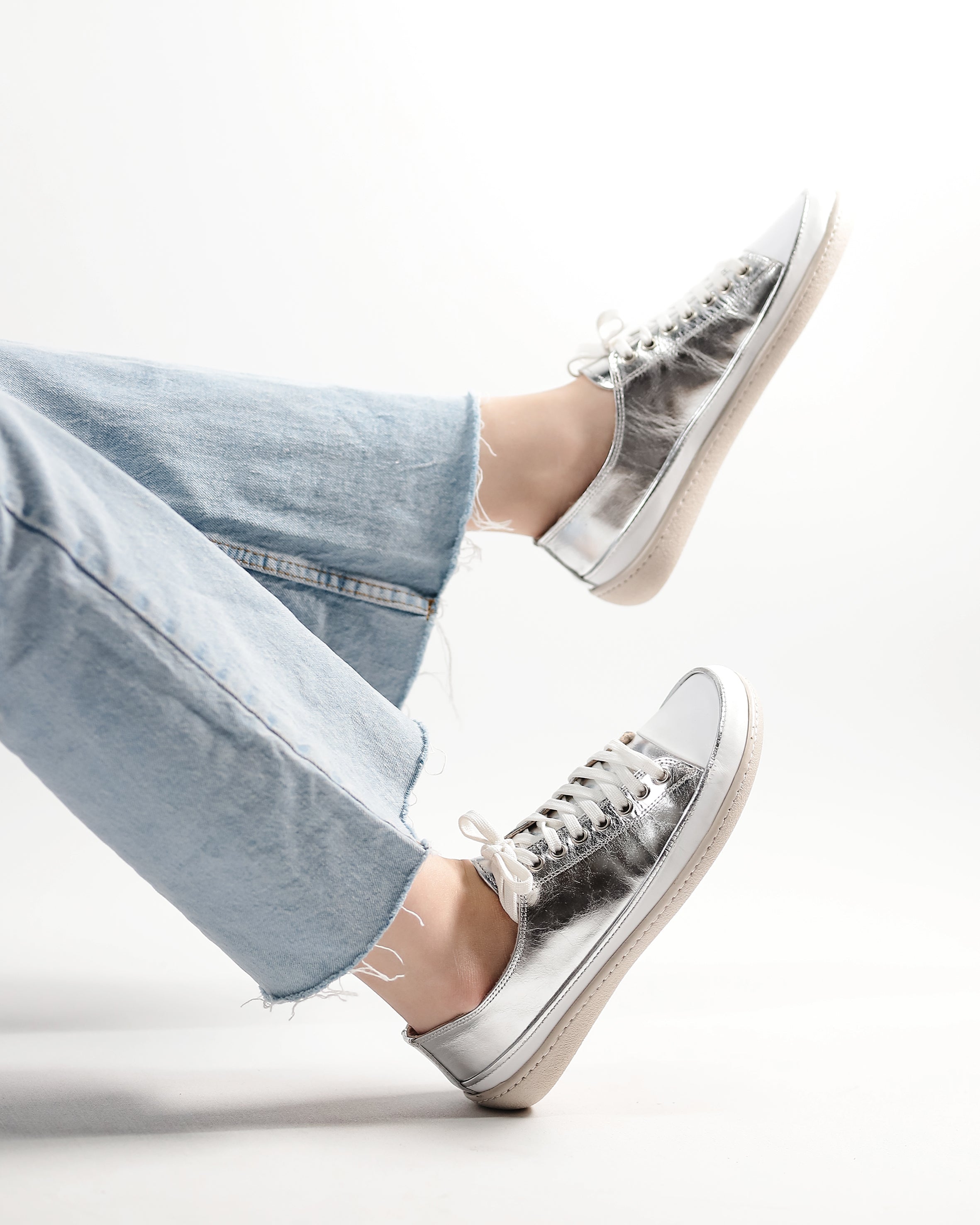 Silver Converse Style Wide Barefoot Shoes Smooth Leather Handmade Rubber Outsole 