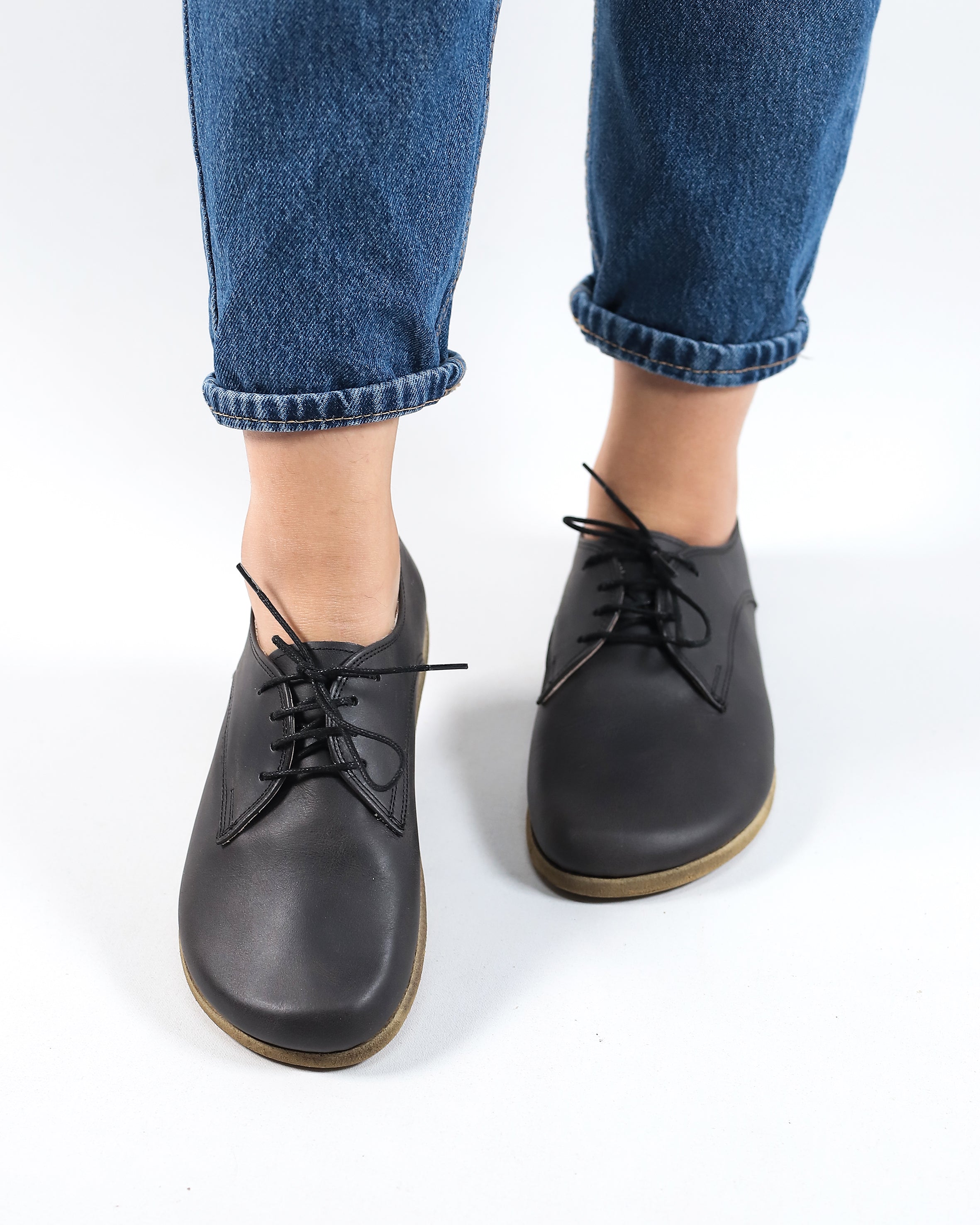 Asphalt Oxford Wide Barefoot Crazy Leather Handmade Shoes 