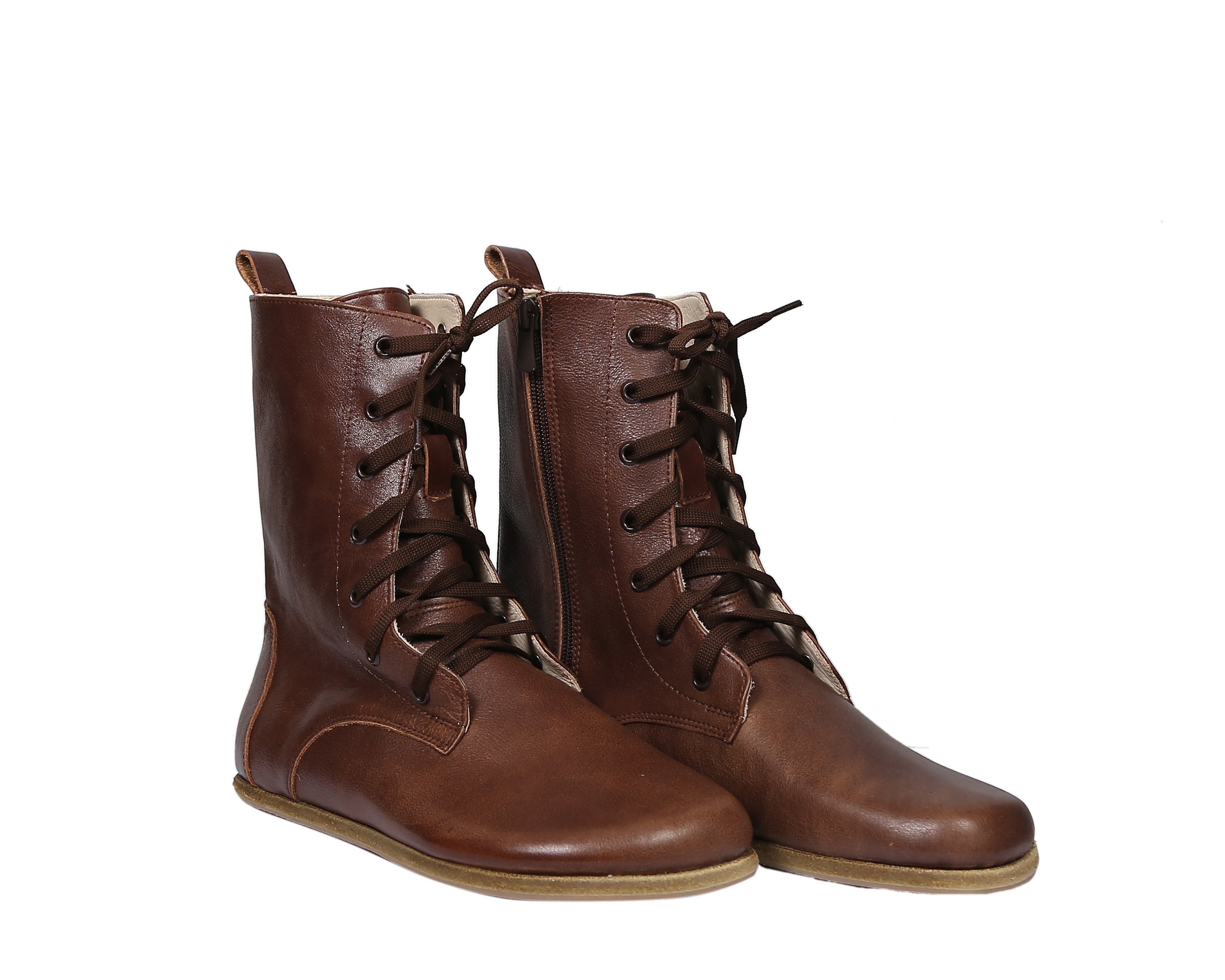 Dark Brown Long Boots Wide Barefoot Smooth Leather Handmade Shoes 