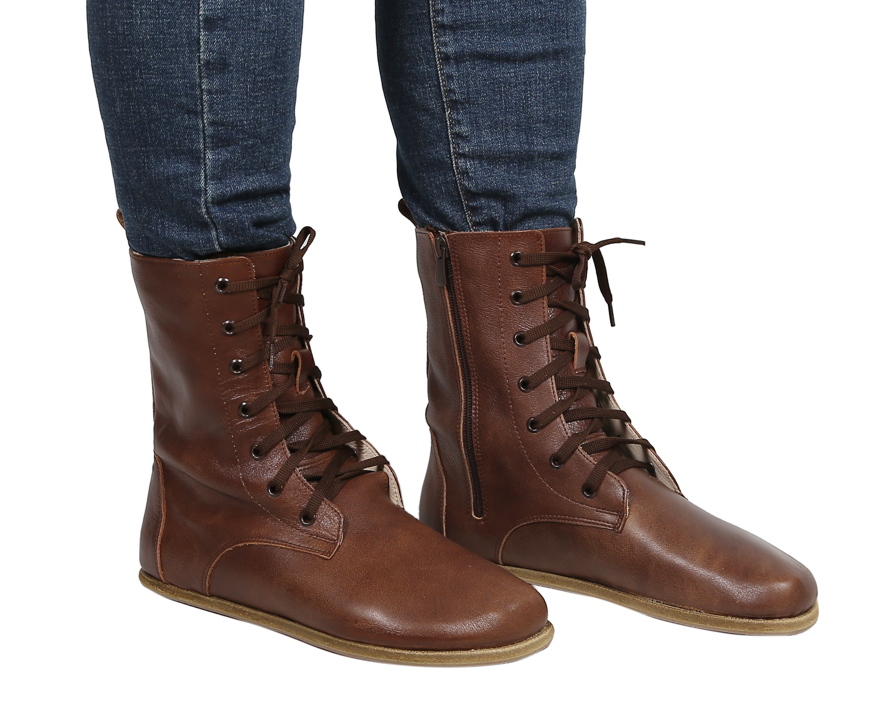 Dark Brown Long Boots Wide Barefoot Smooth Leather Handmade Shoes 