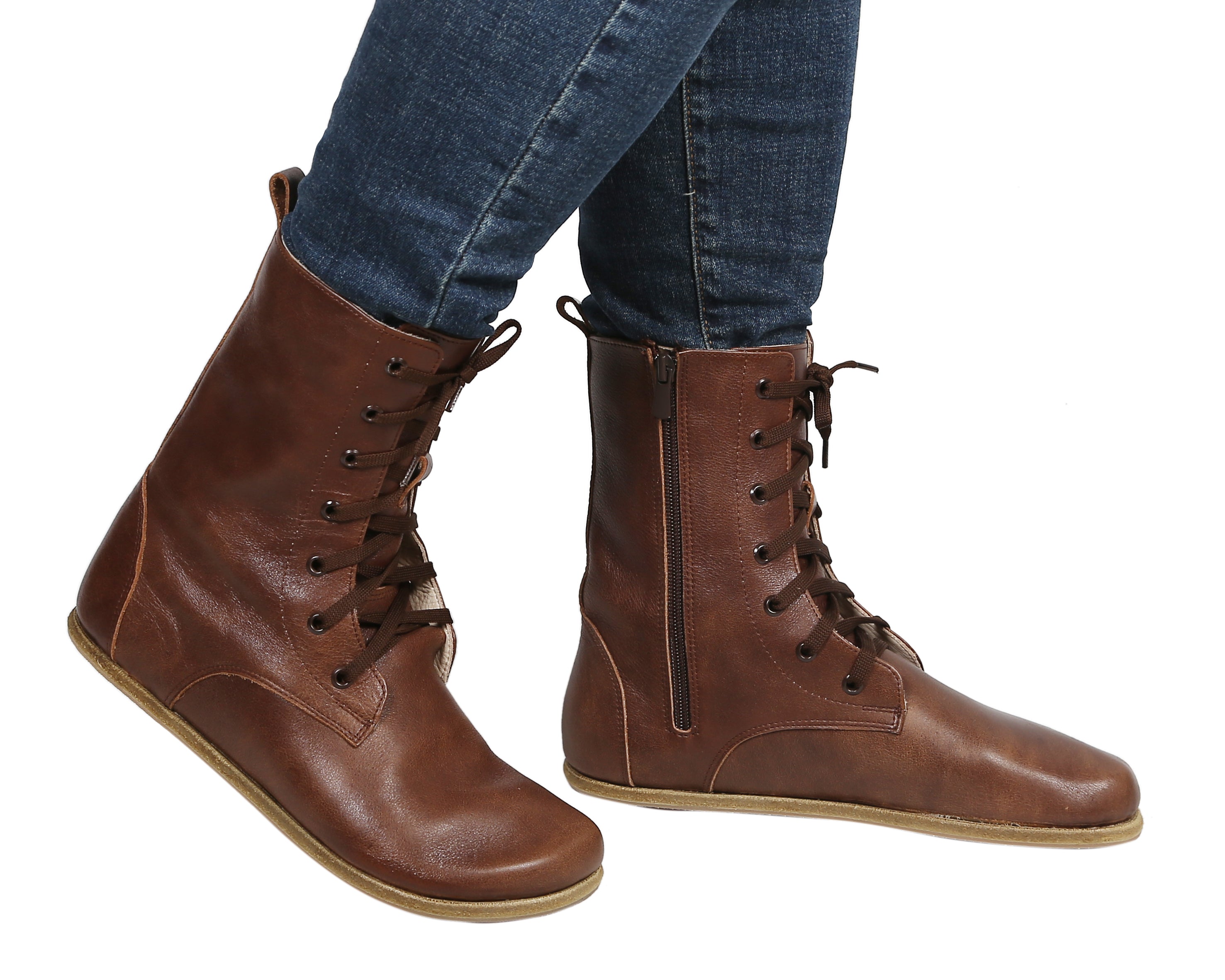 Dark Brown Long Boots Wide Barefoot Smooth Leather Handmade Shoes 