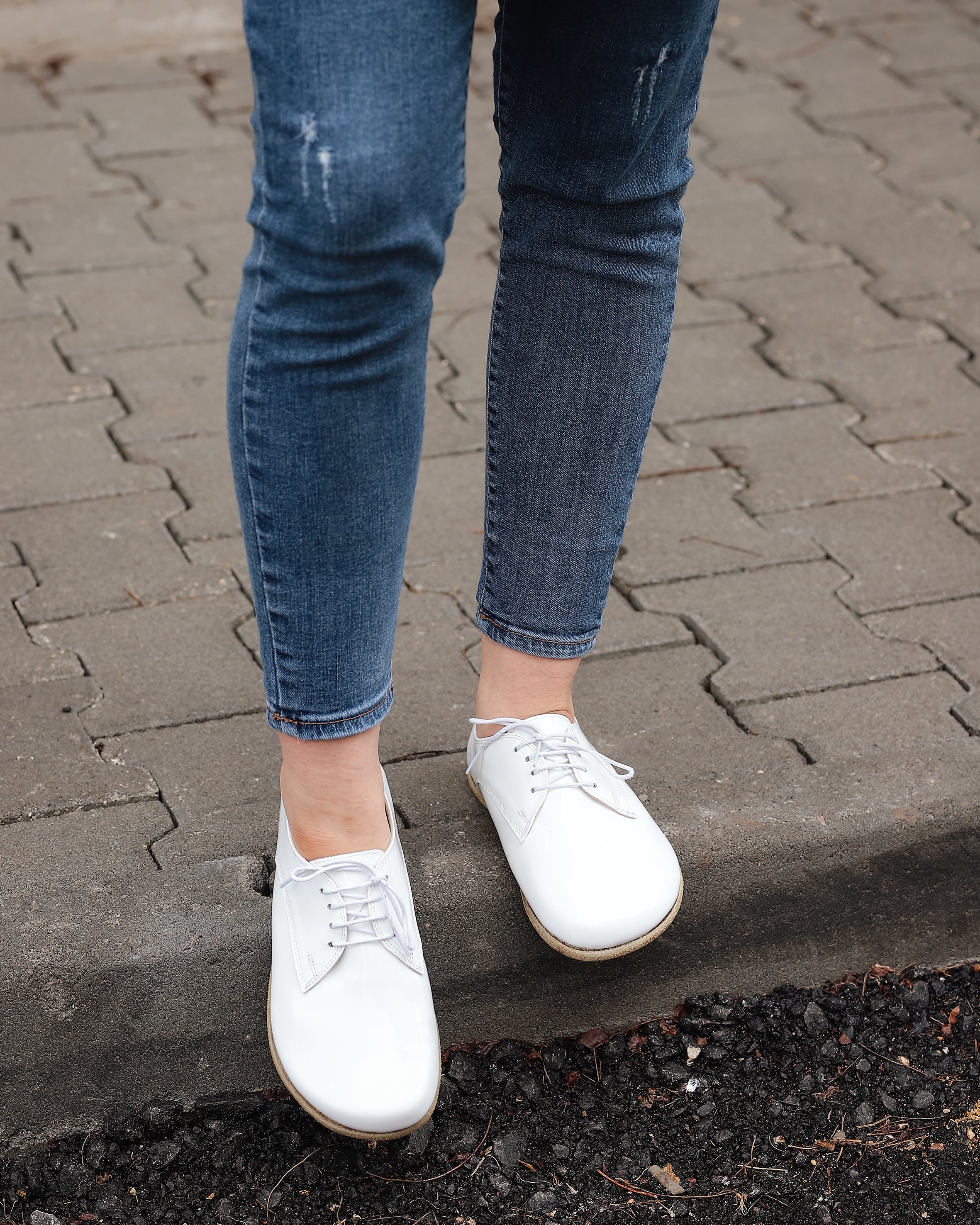 White Oxford Wide Barefoot Patent Leather Handmade Shoes