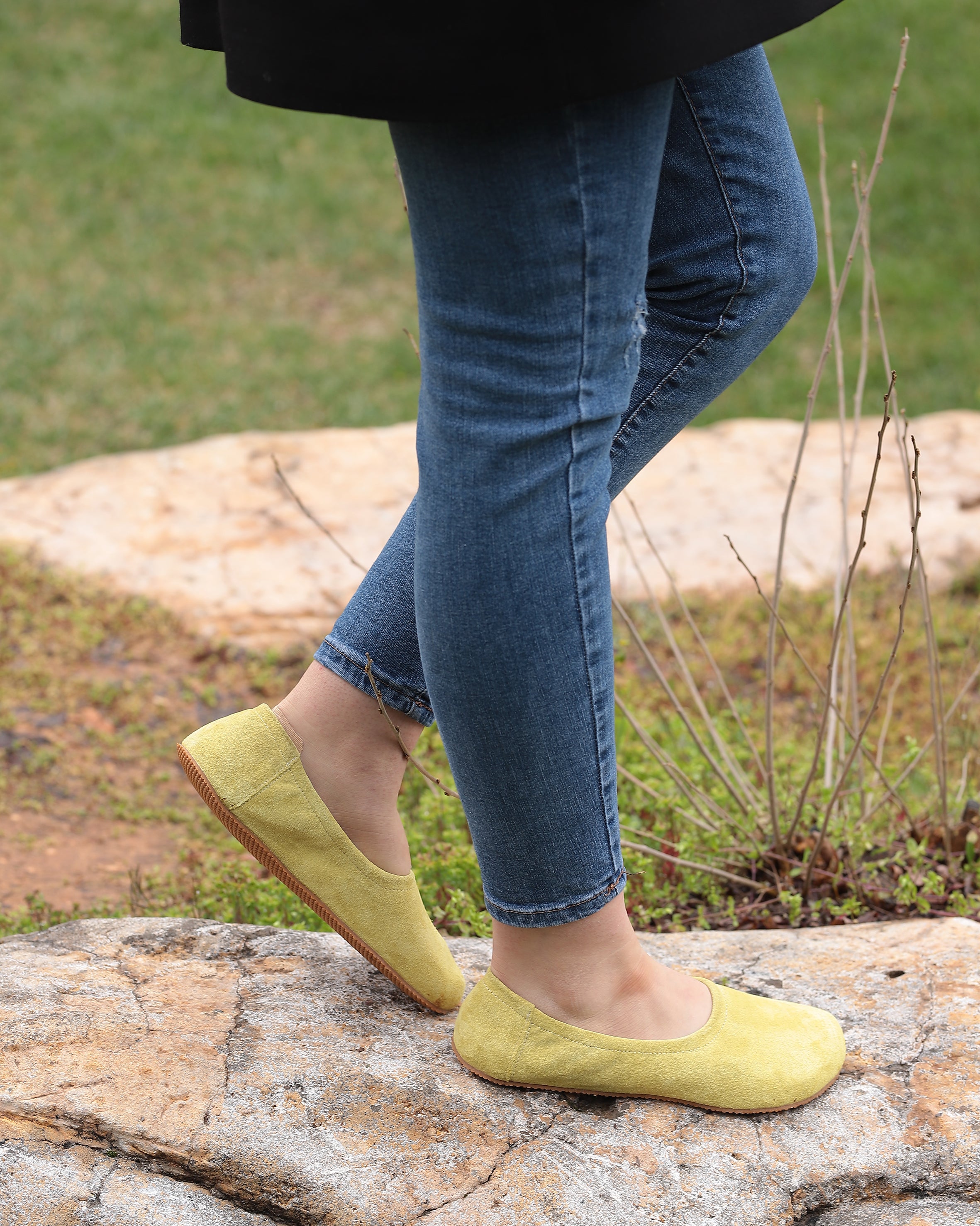 Yellow Women Flat Ballets Wide Barefoot Suede Leather Handmade