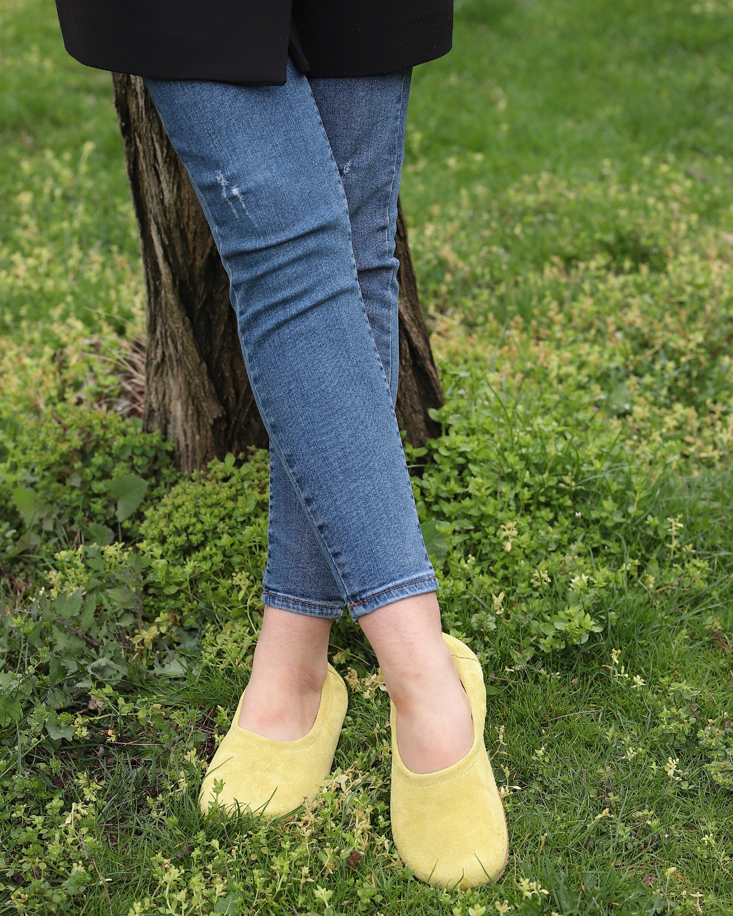 Yellow Women Flat Ballets Wide Barefoot Suede Leather Handmade