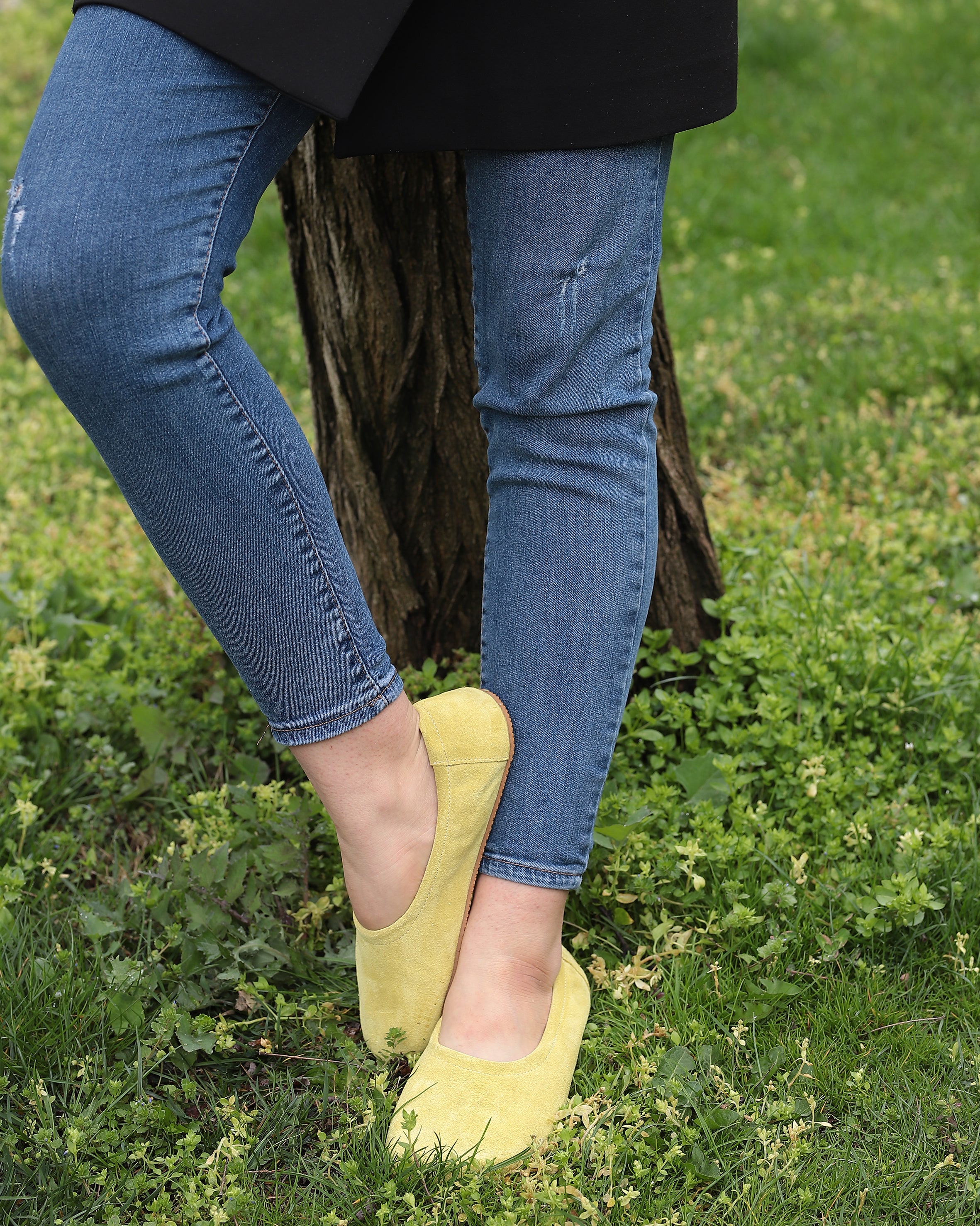 Yellow Women Flat Ballets Wide Barefoot Suede Leather Handmade