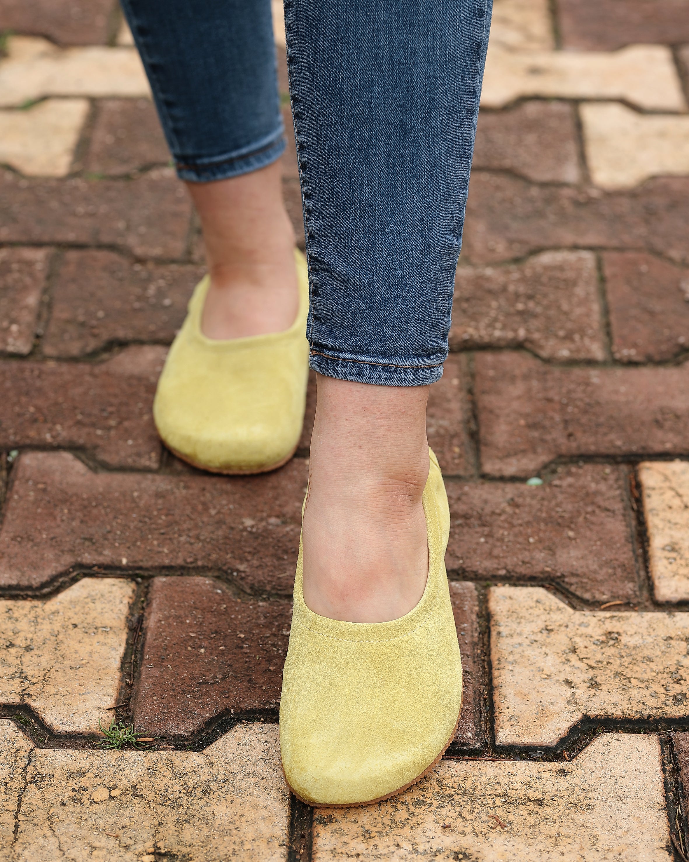 Yellow Women Flat Ballets Wide Barefoot Suede Leather Handmade