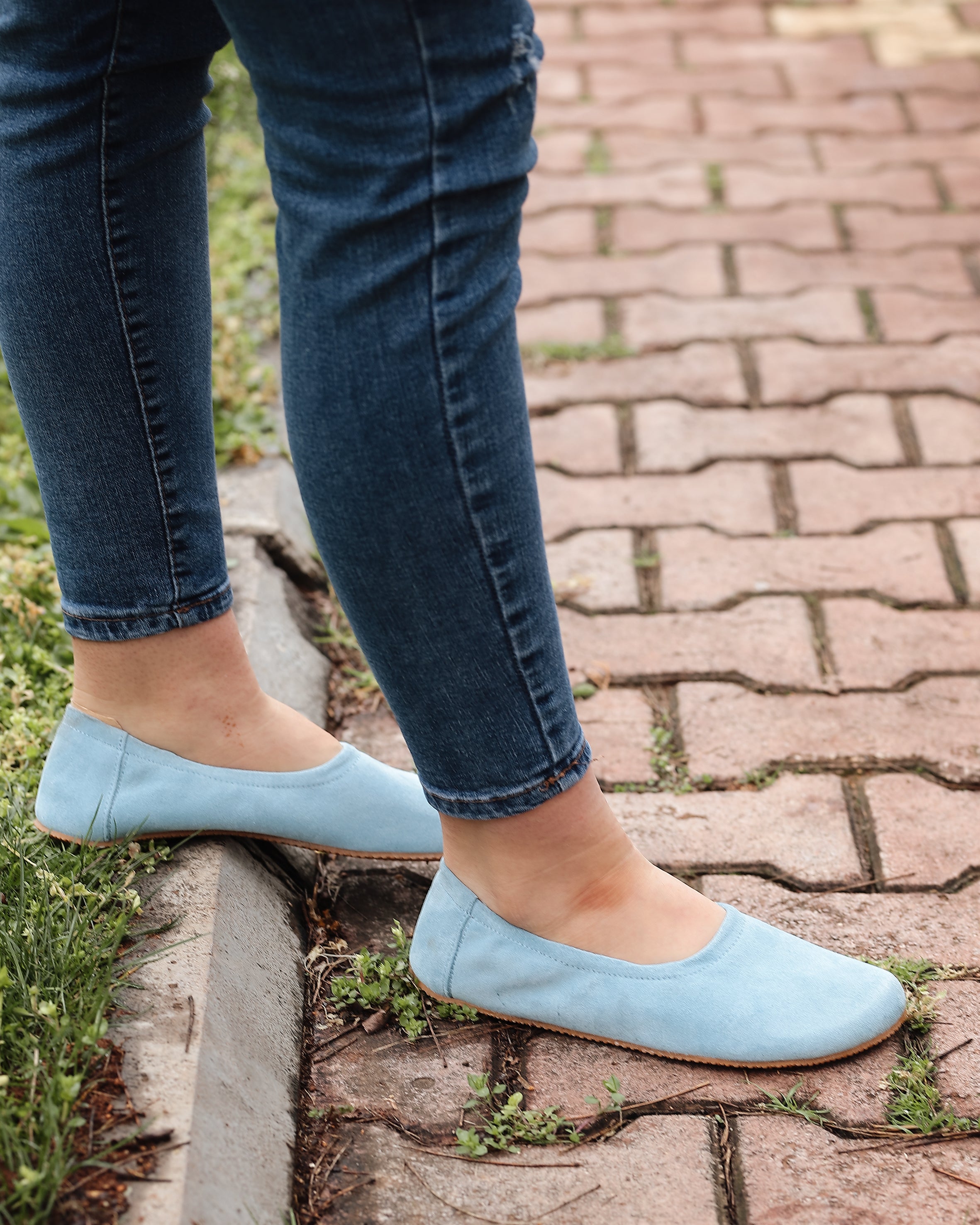 Baby Blue Women Flat Ballets Wide Barefoot Suede Leather Handmade