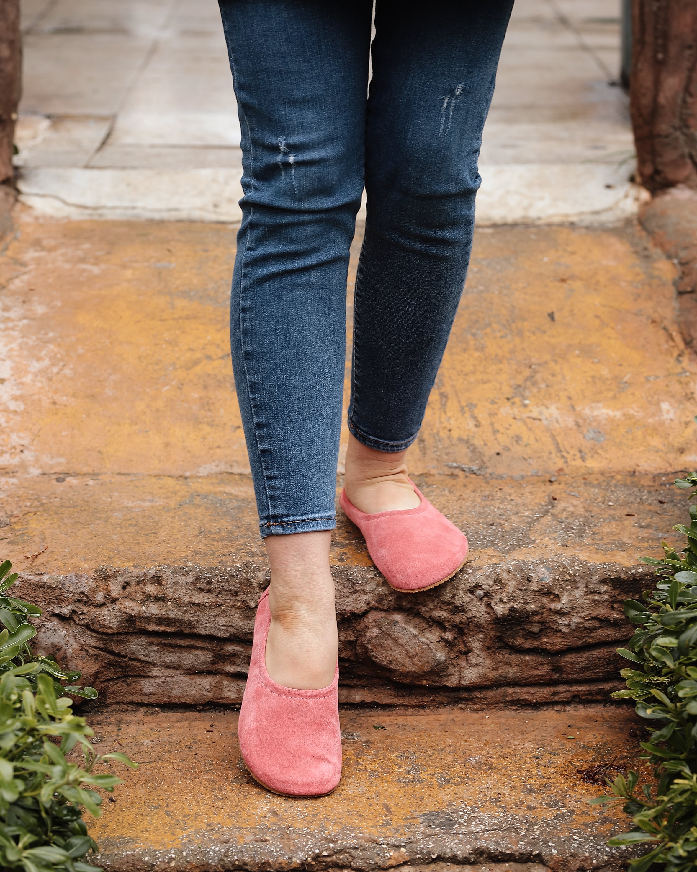 Pink Women Flat Ballets Wide Barefoot Suede Leather Handmade