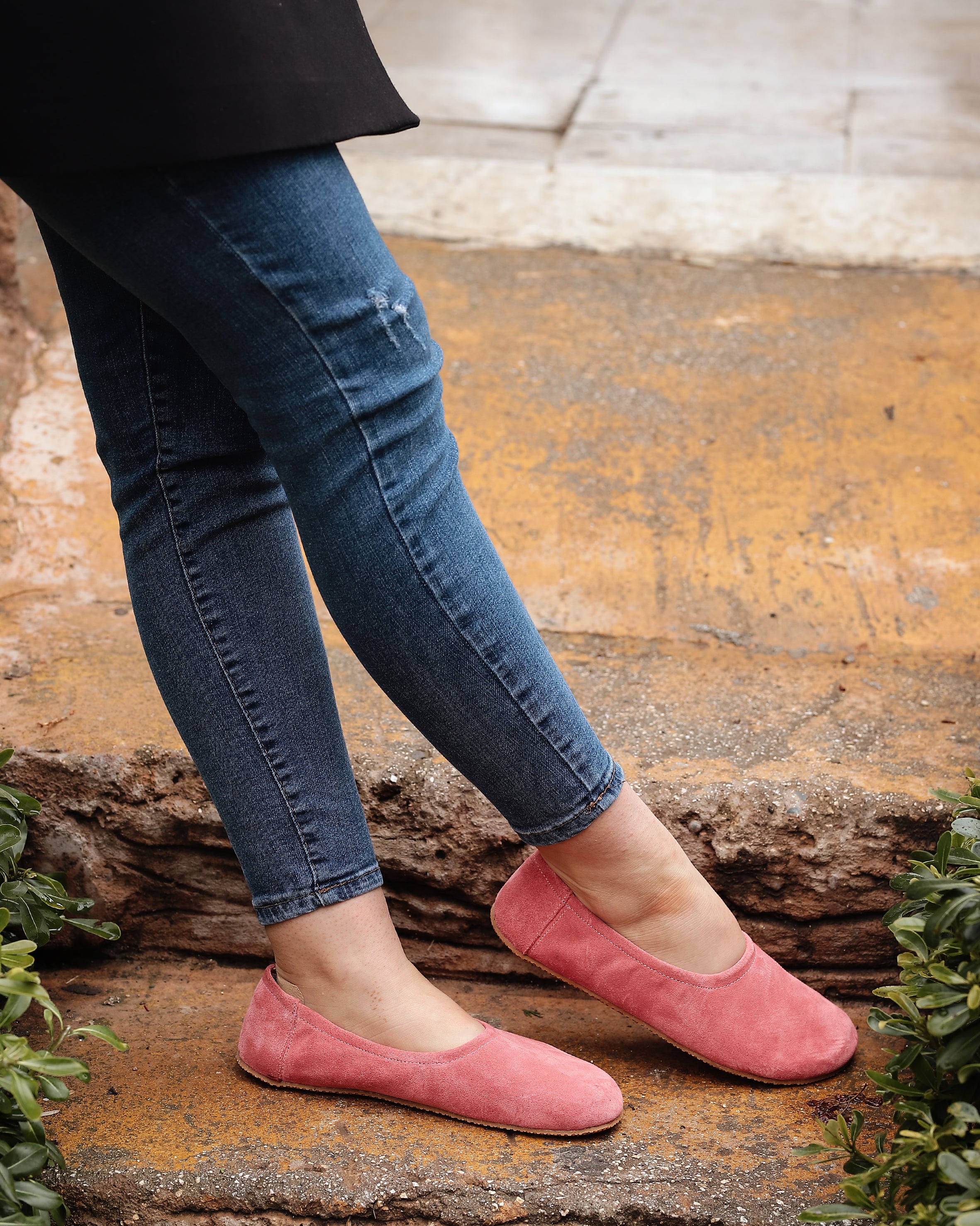 Pink Women Flat Ballets Wide Barefoot Suede Leather Handmade