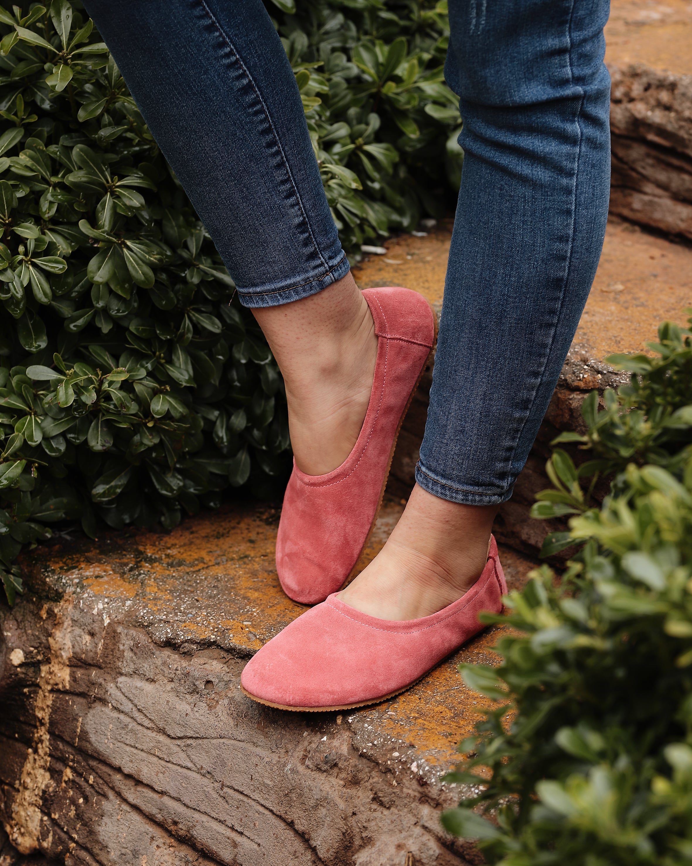 Pink Women Flat Ballets Wide Barefoot Suede Leather Handmade