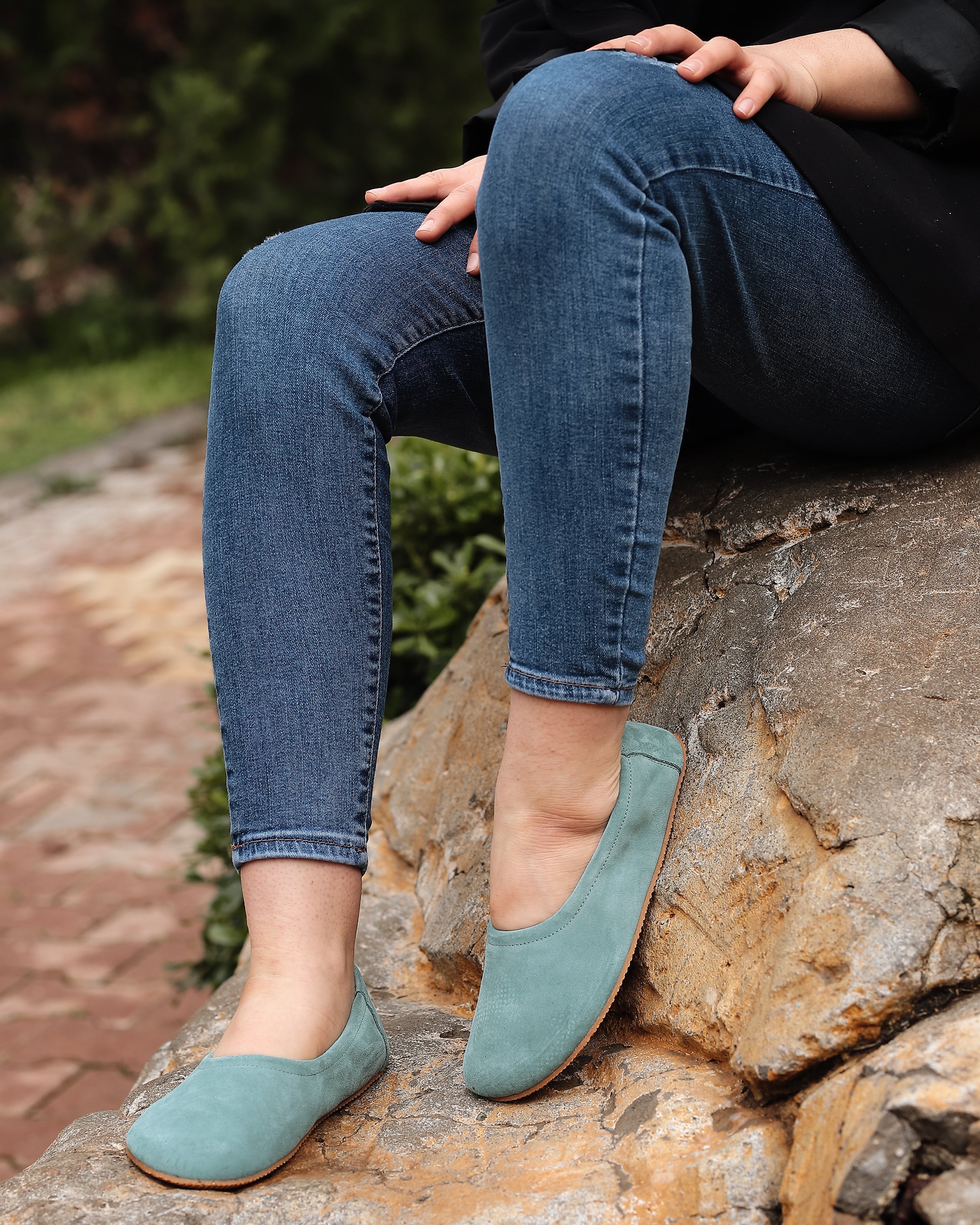 Sea Blue Women Flat Ballets Wide Barefoot Suede Leather Handmade Women Flat Ballets