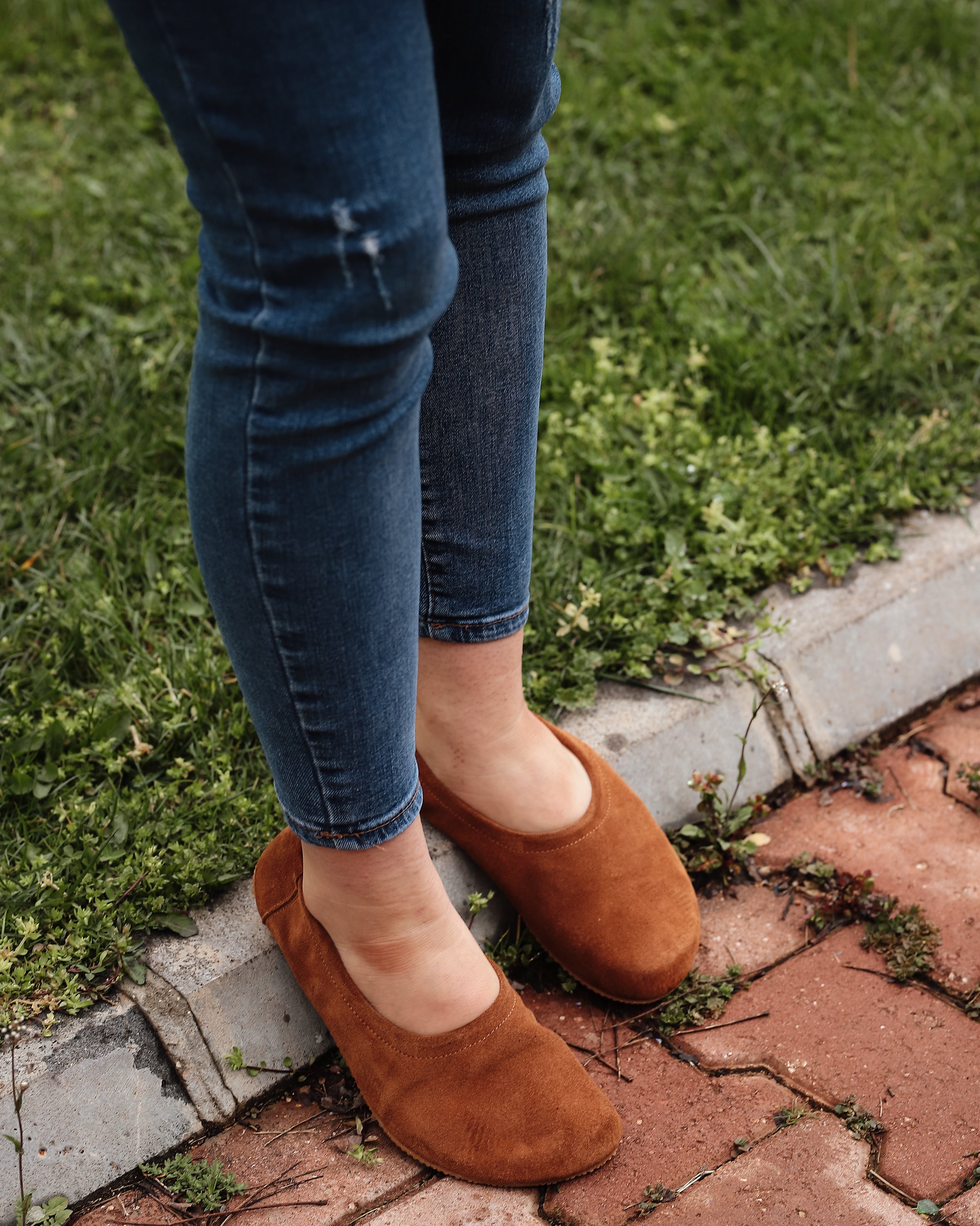 Tan Women Flat Ballets Wide Barefoot Suede Leather Handmade