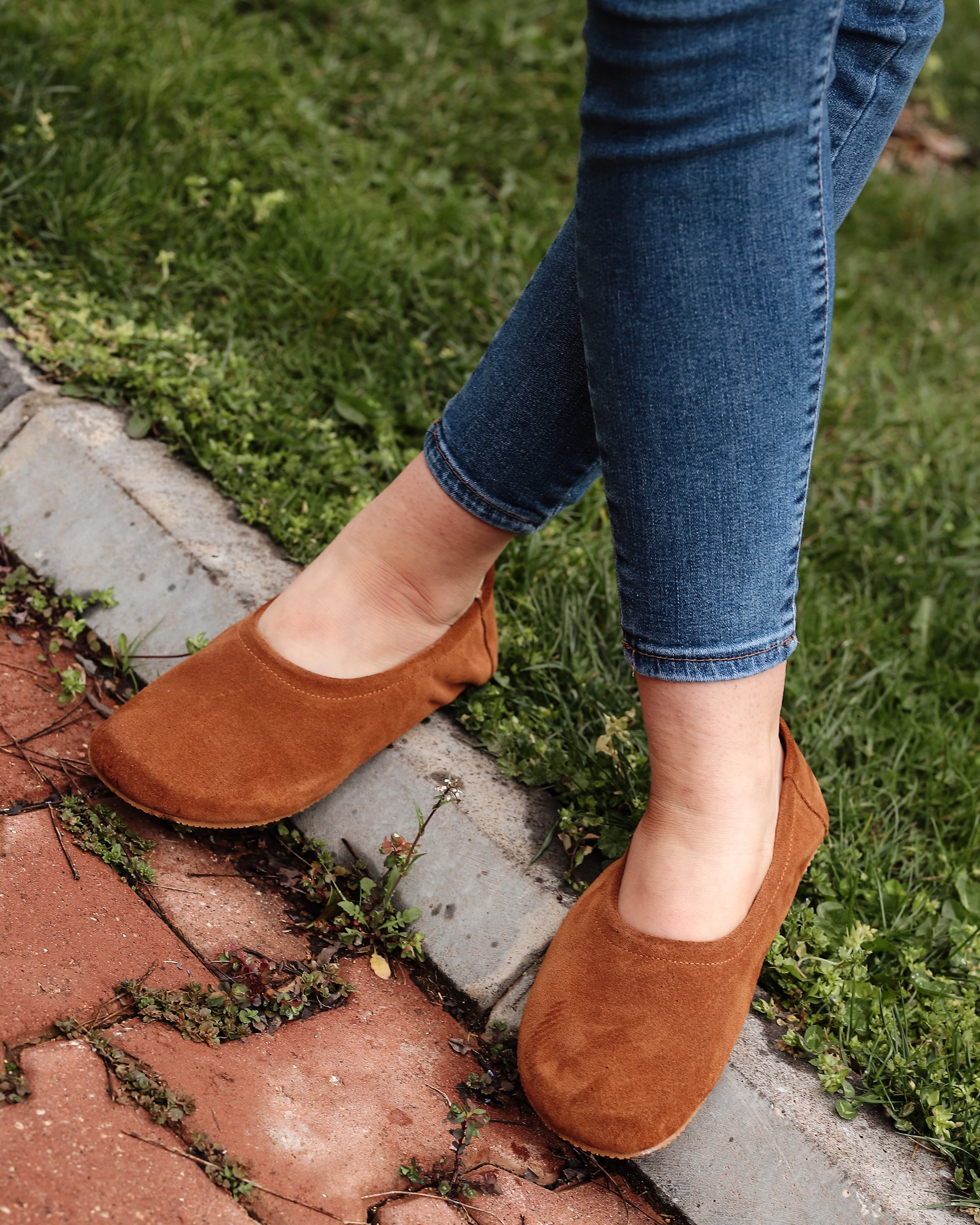 Tan Women Flat Ballets Wide Barefoot Suede Leather Handmade