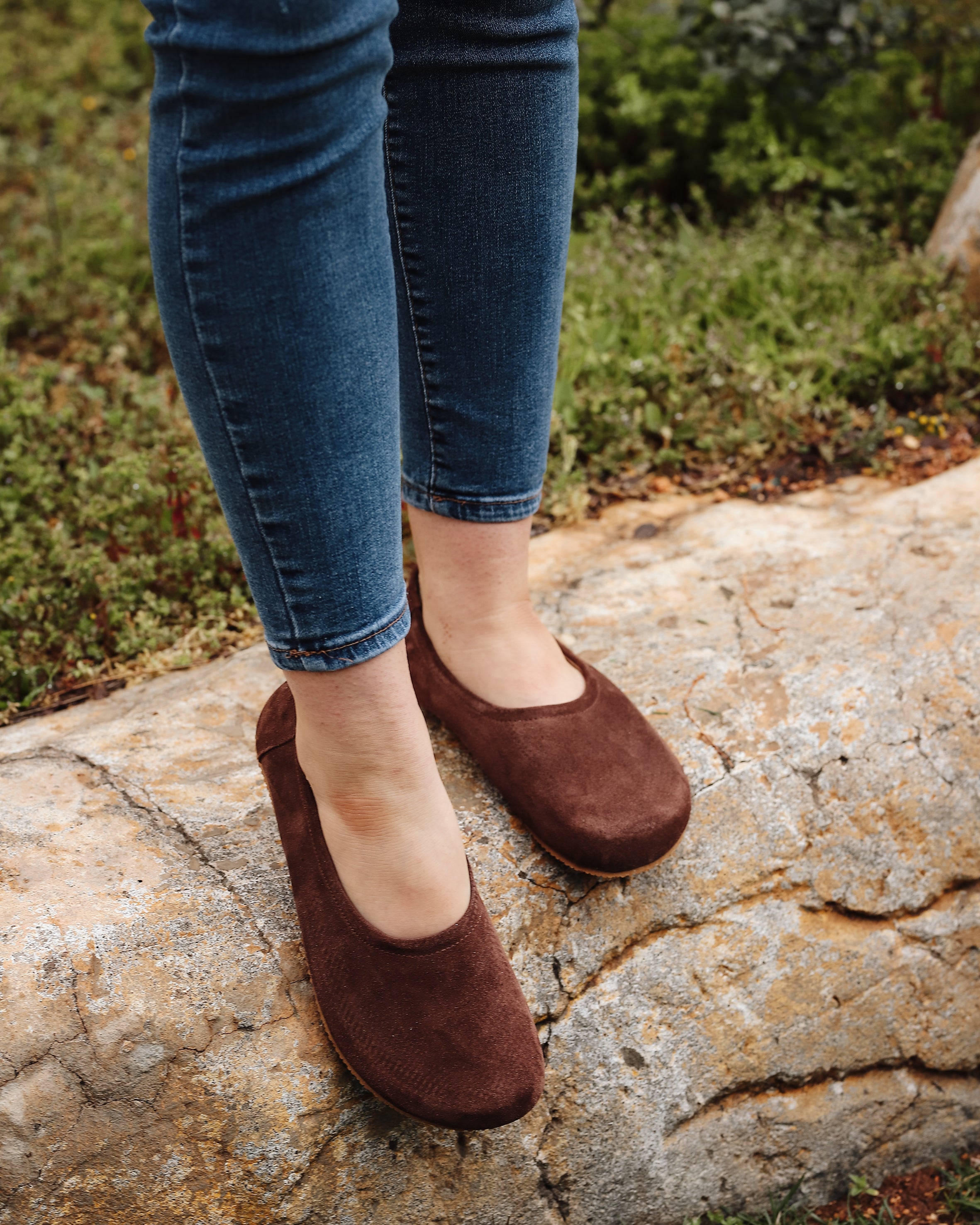 Brown Women Flat Ballets Wide Barefoot Suede Leather Handmade