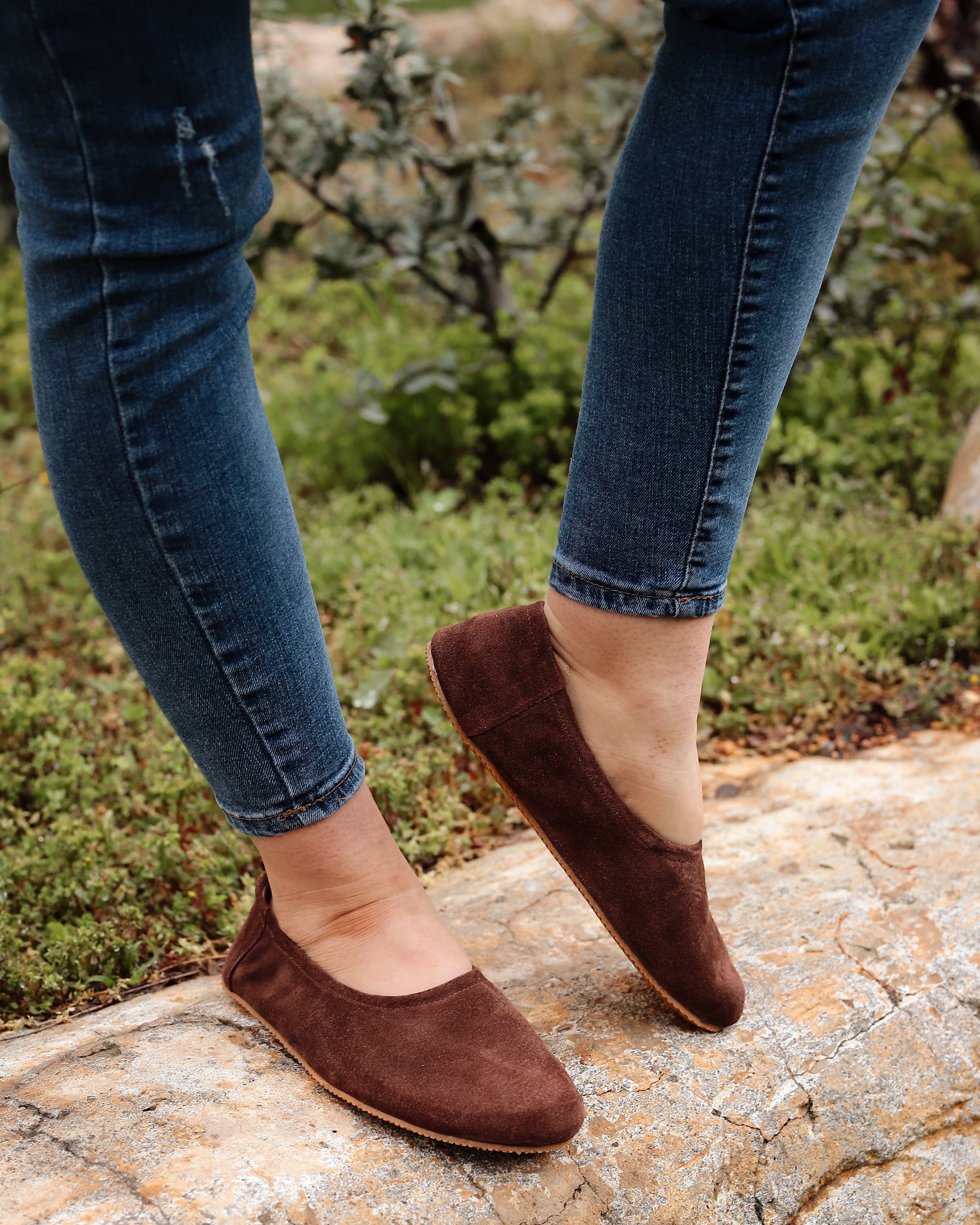 Brown Women Flat Ballets Wide Barefoot Suede Leather Handmade Women Flat Ballets