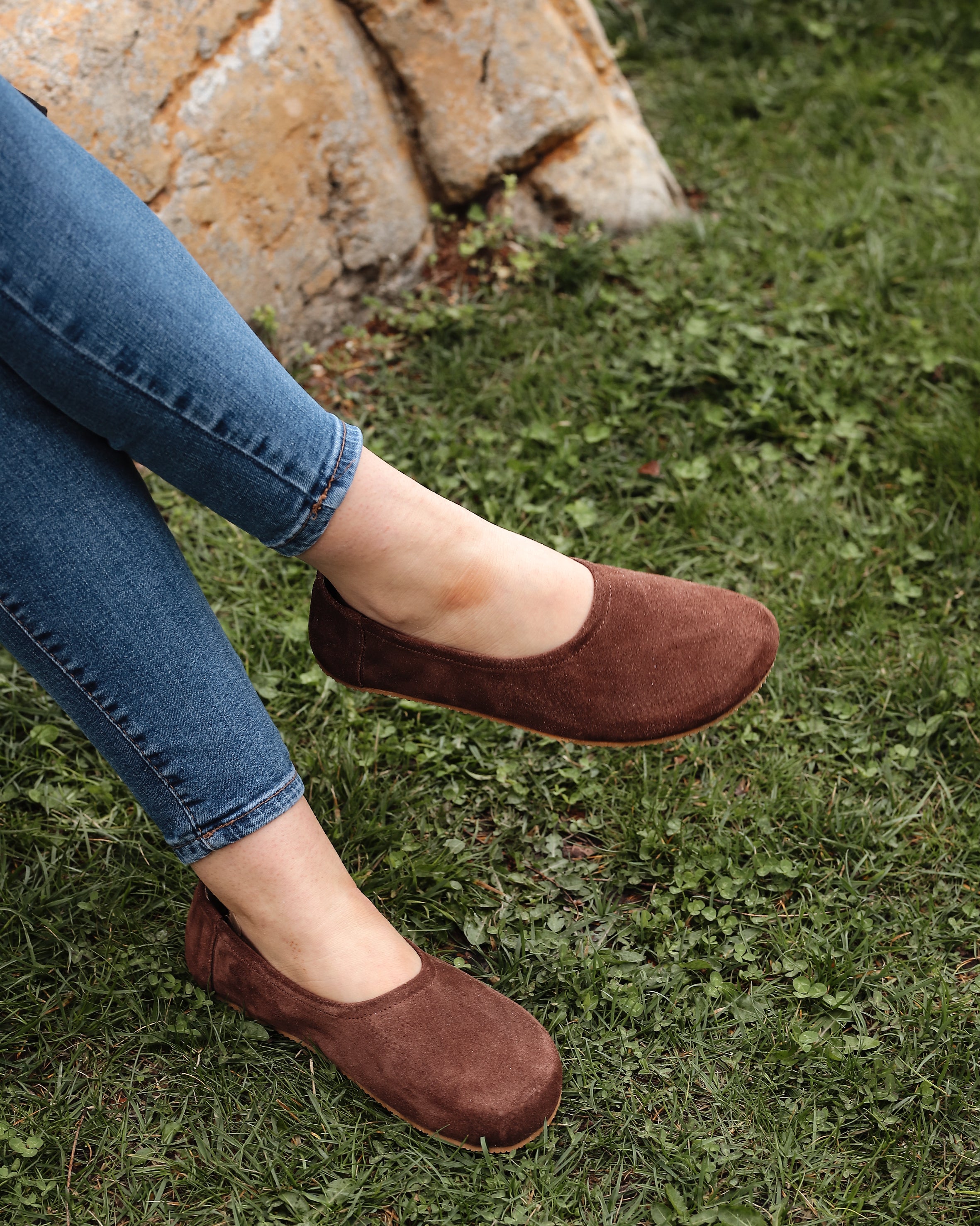 Brown Women Flat Ballets Wide Barefoot Suede Leather Handmade