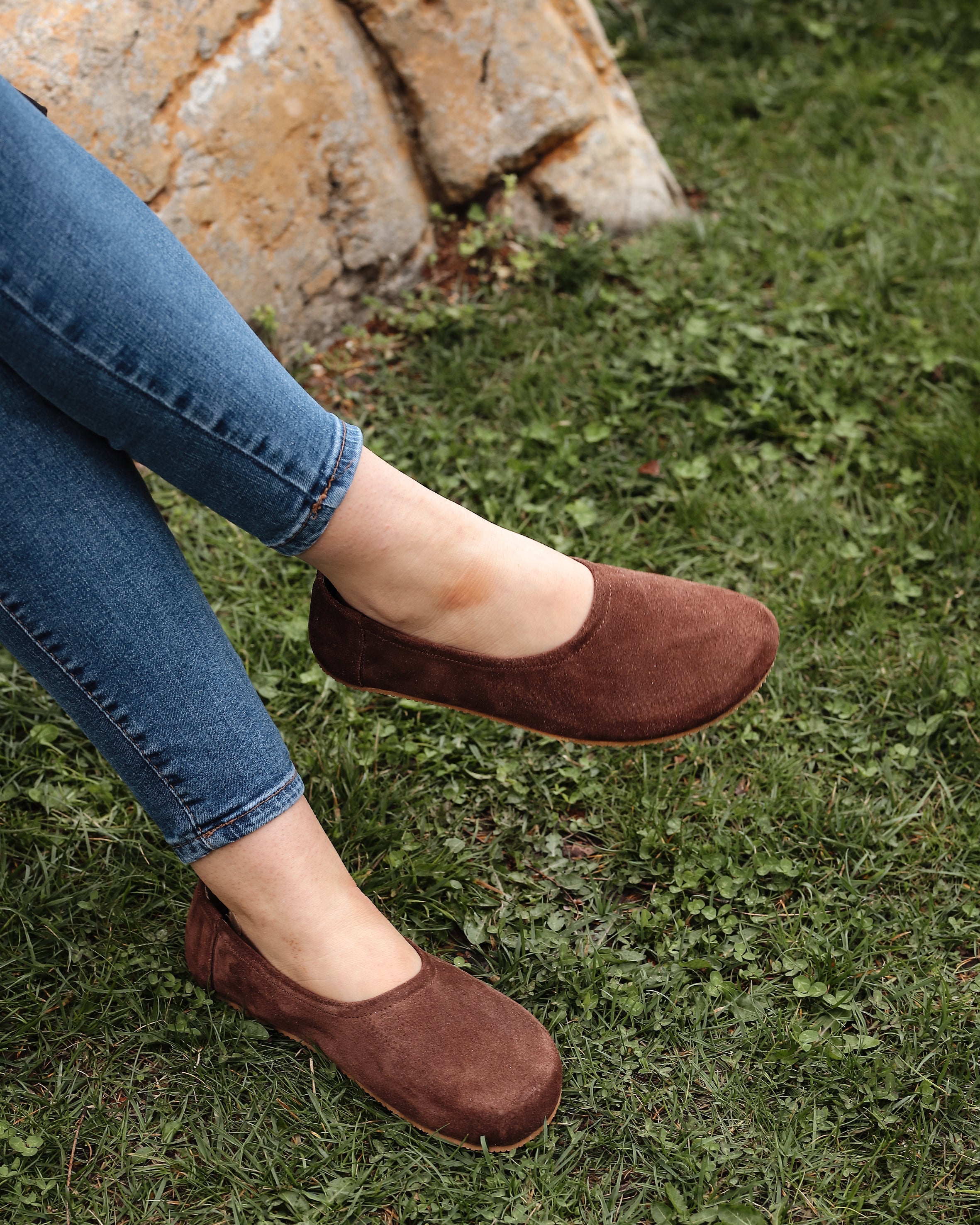Brown Women Flat Ballets Wide Barefoot Suede Leather Handmade Women Flat Ballets