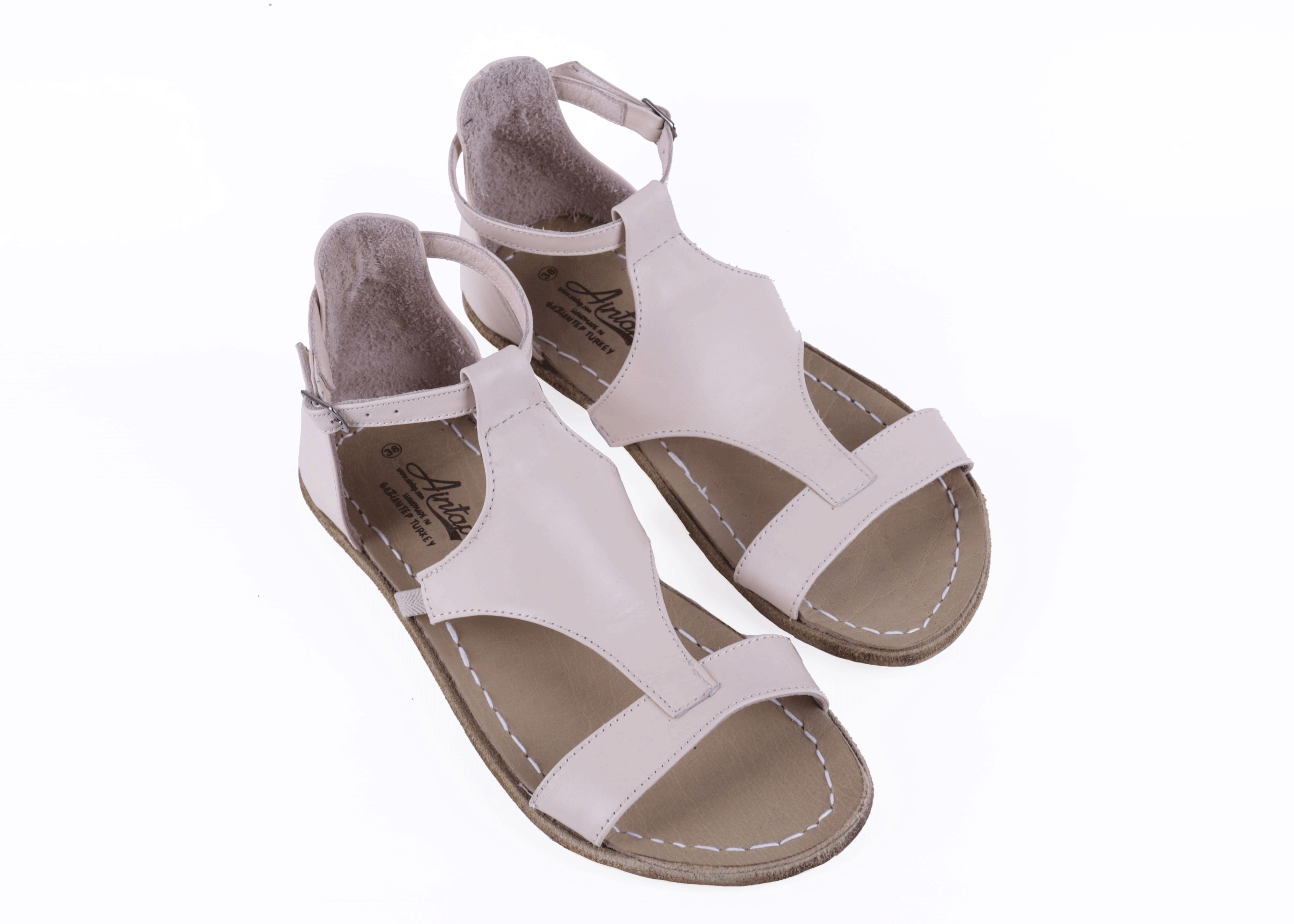 Cream Women Buckle Slipper Wide Barefoot Smooth Leather Handmade 