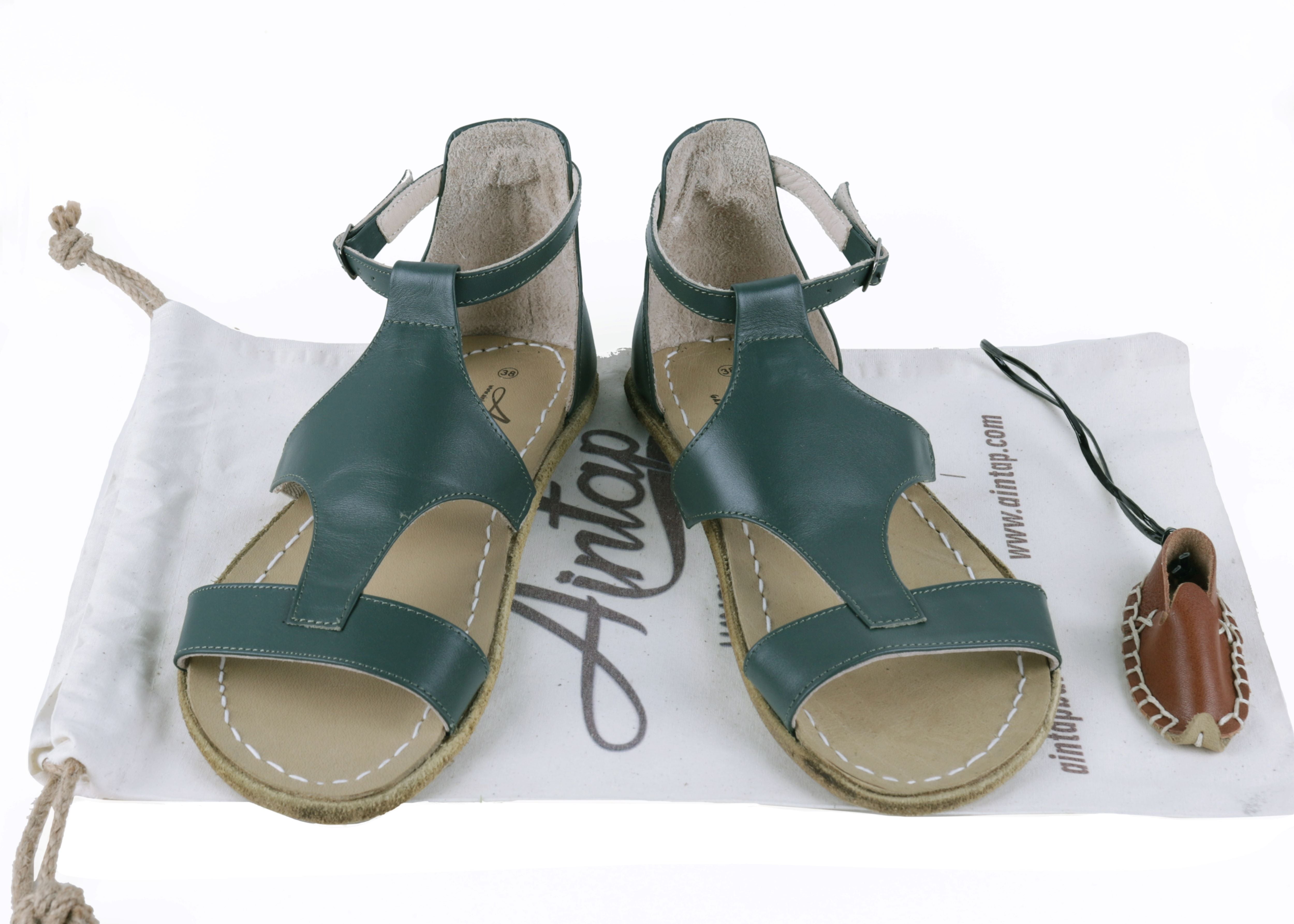 Green Women Buckle Slipper Wide Barefoot Smooth Leather Handmade 