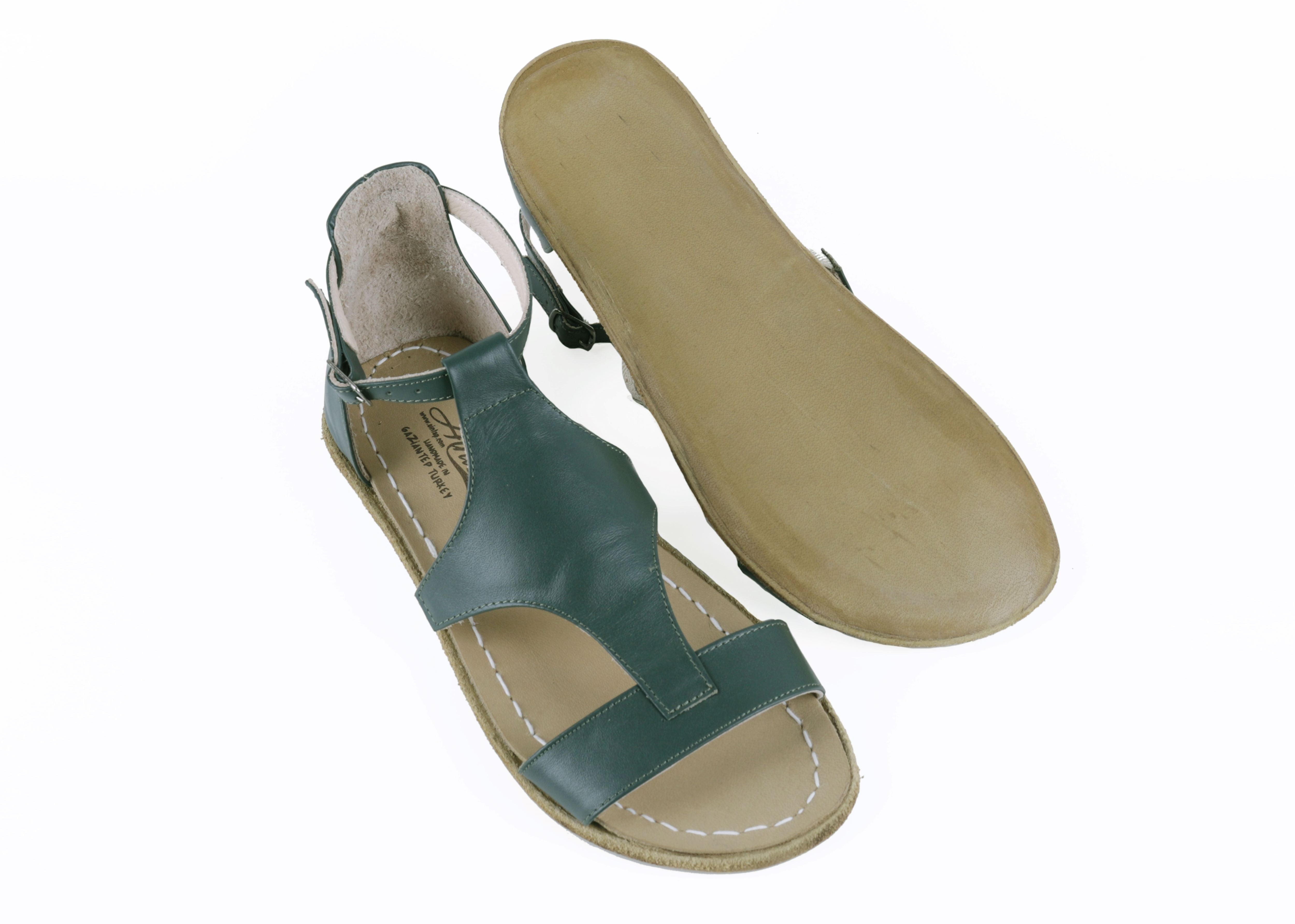 Green Women Buckle Slipper Wide Barefoot Smooth Leather Handmade 