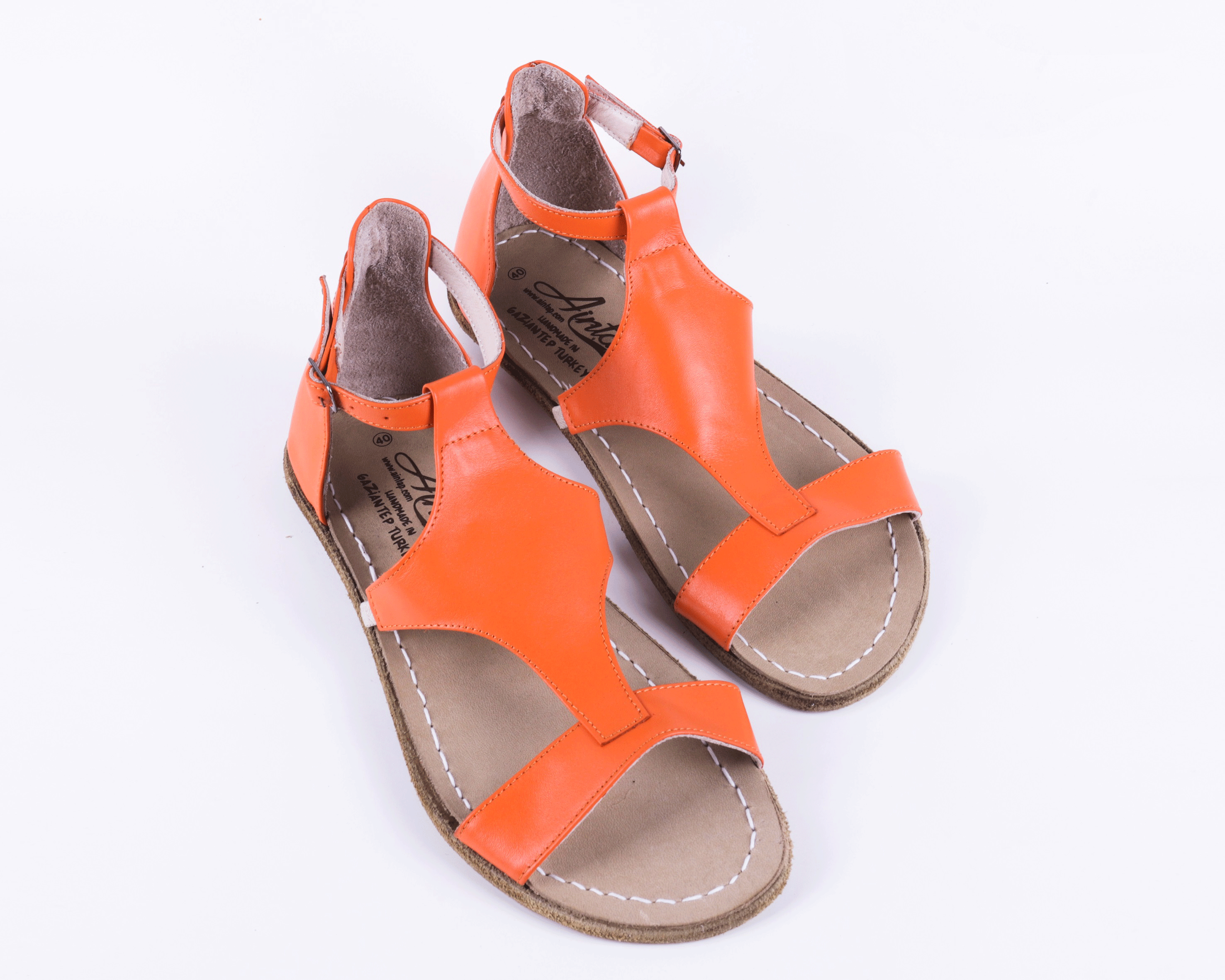 Orange Women Buckle Slipper Wide Barefoot Smooth Leather Handmade 