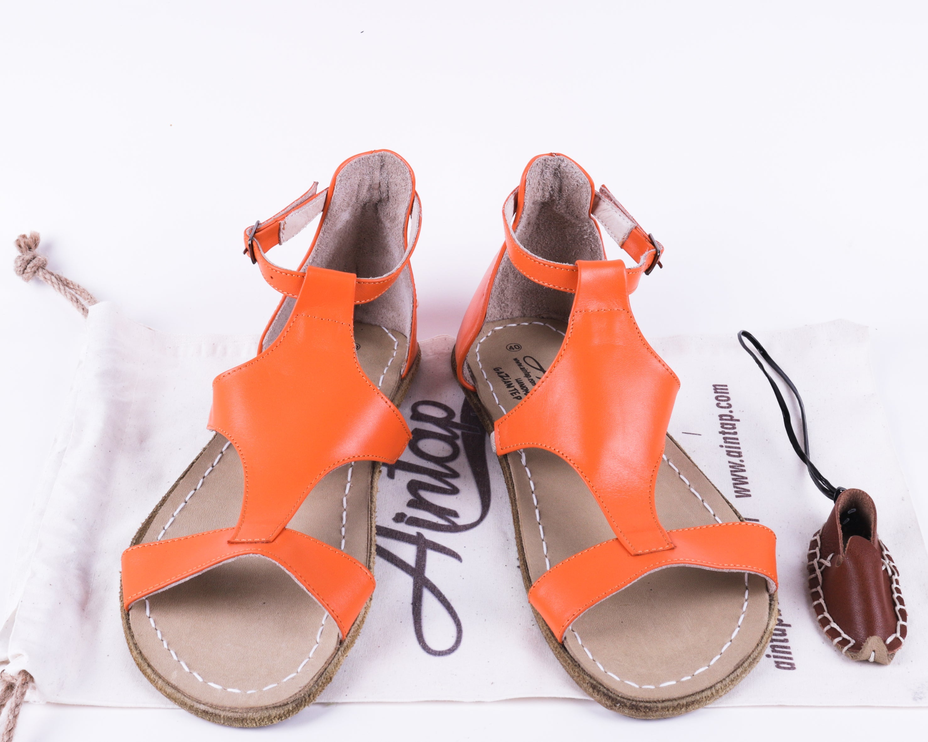Orange Women Buckle Slipper Wide Barefoot Smooth Leather Handmade 