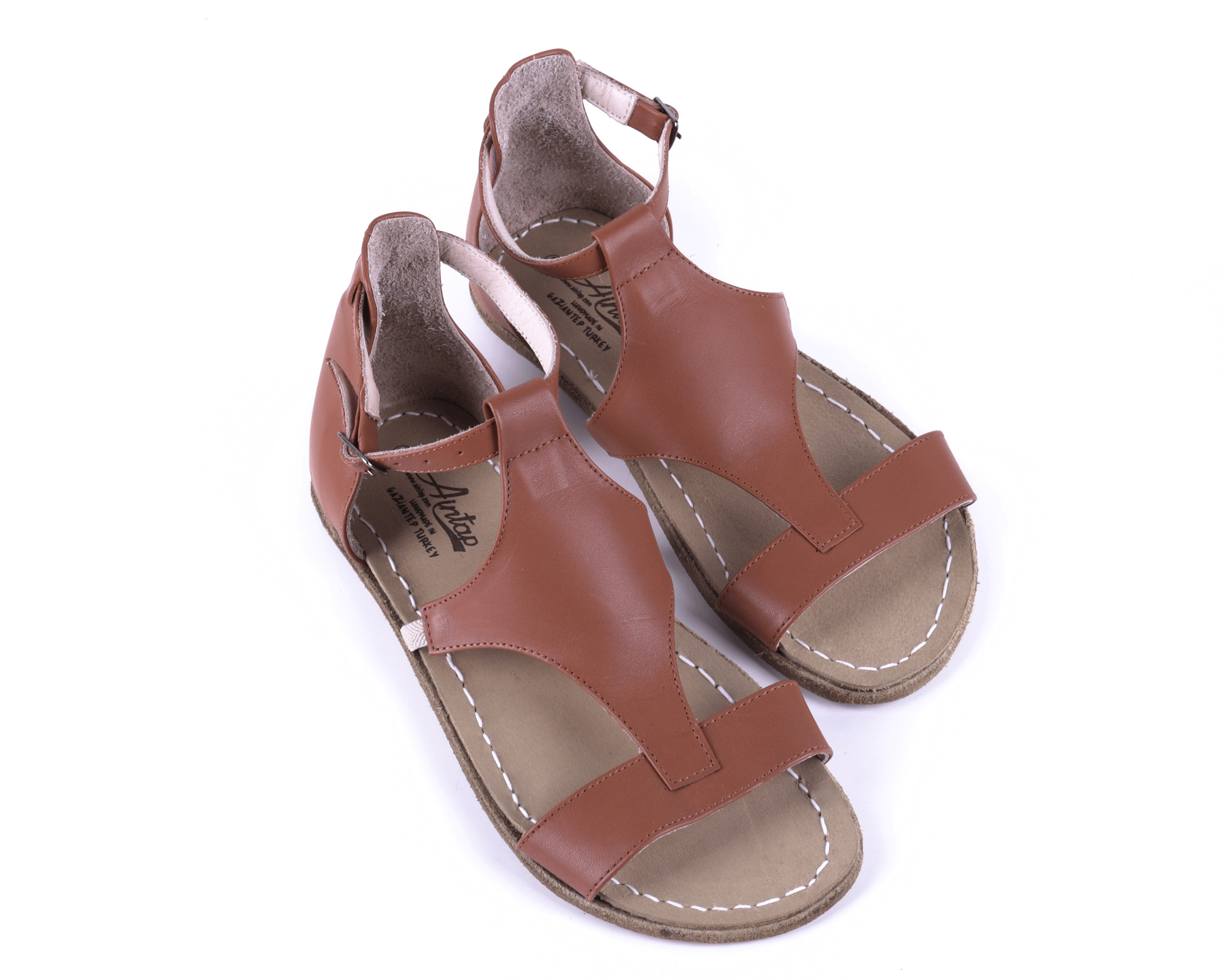 Tan Women Buckle Slipper Wide Barefoot Smooth Leather Handmade