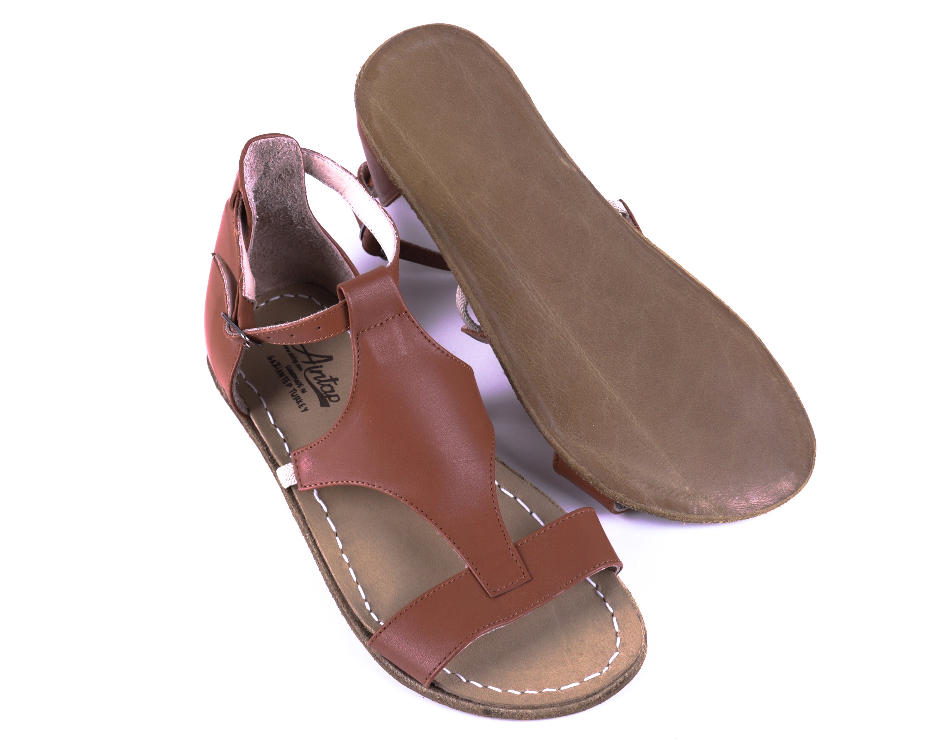 Tan Women Buckle Slipper Wide Barefoot Smooth Leather Handmade 