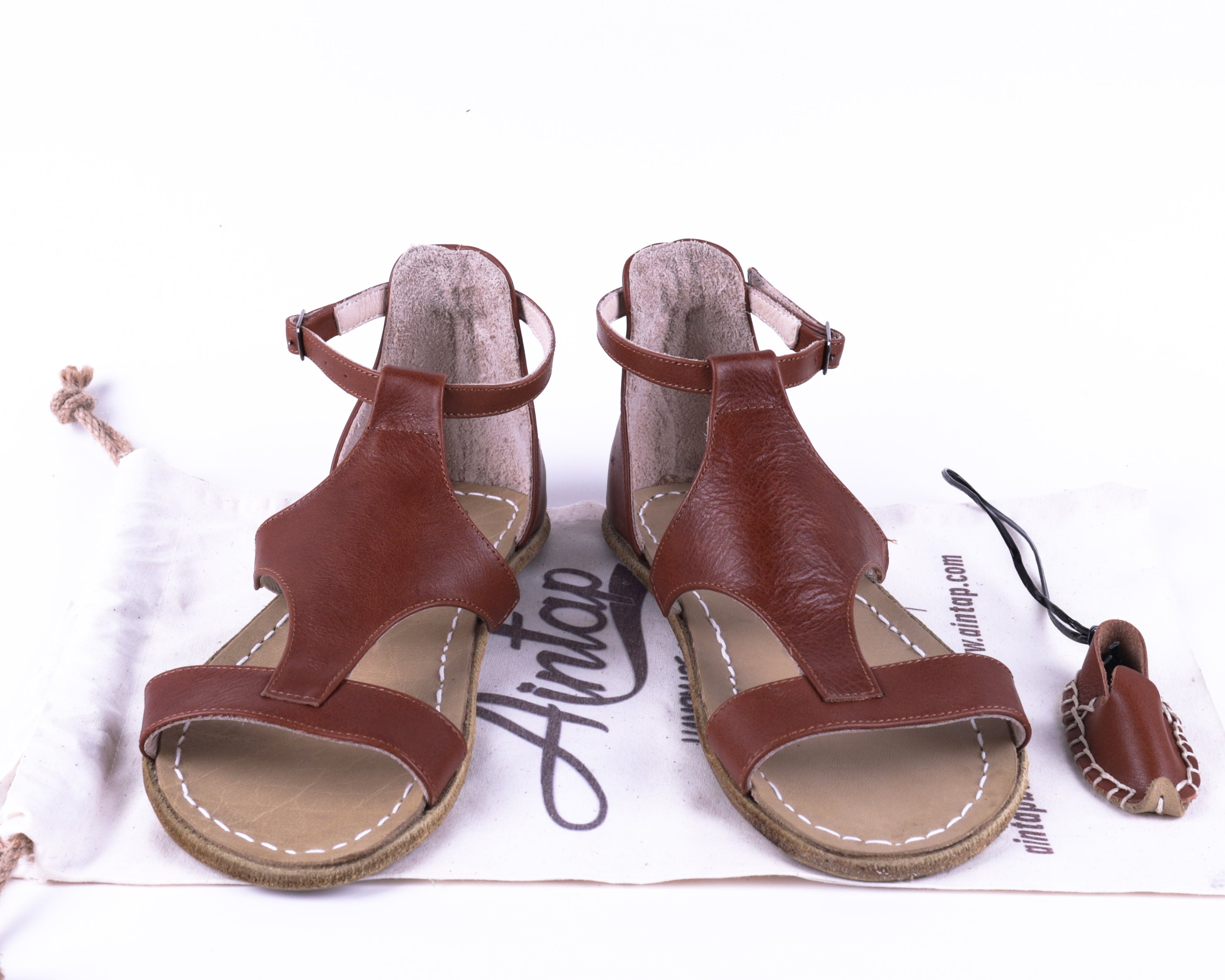 Brown Women Buckle Slipper Wide Barefoot Smooth Leather Handmade 